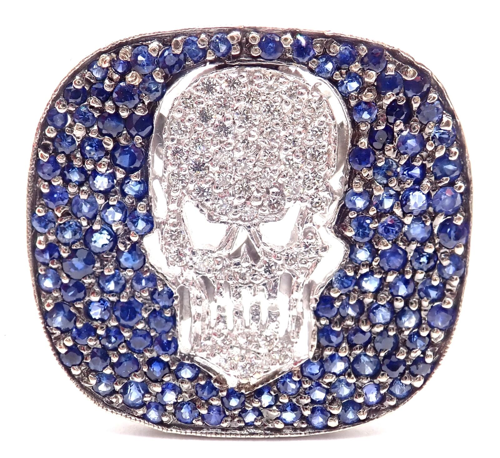 Authentic Loree Rodkin 18K White Gold Diamond Sapphire Skull Ring with Gift Box - Gothic Jewelry for Women, Perfect for Halloween, Punk Fashion & Unique Gift Giving