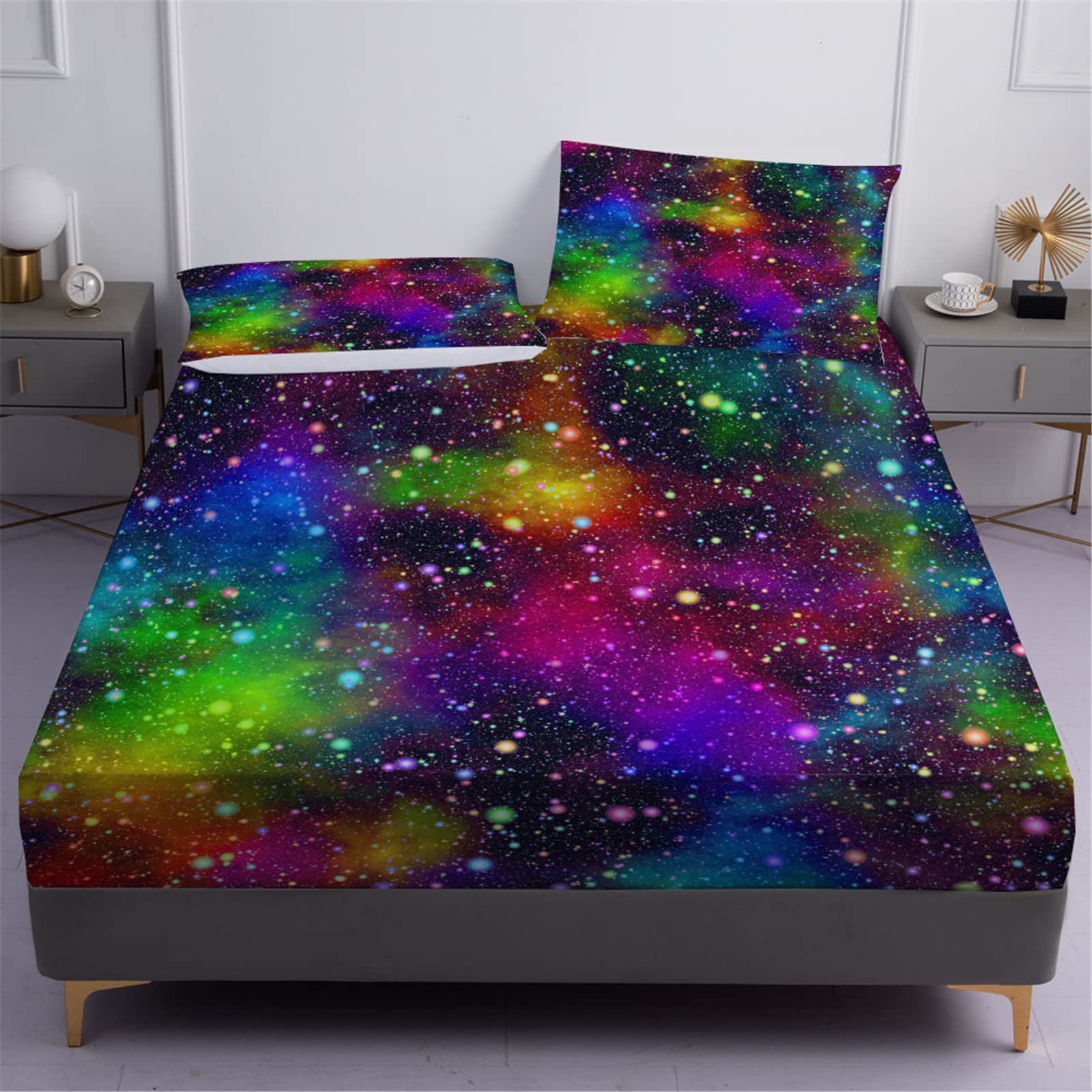 Rainbow Galaxy Queen Fitted Sheet Set - Space Themed Bedding for Kids - 3 Piece Microfiber Set with Deep Pocket & Wrinkle Free (Includes 1 Sheet + 2 Pillowcases) - Perfect for Kids' Rooms, Space Themed Decor & Gift Giving