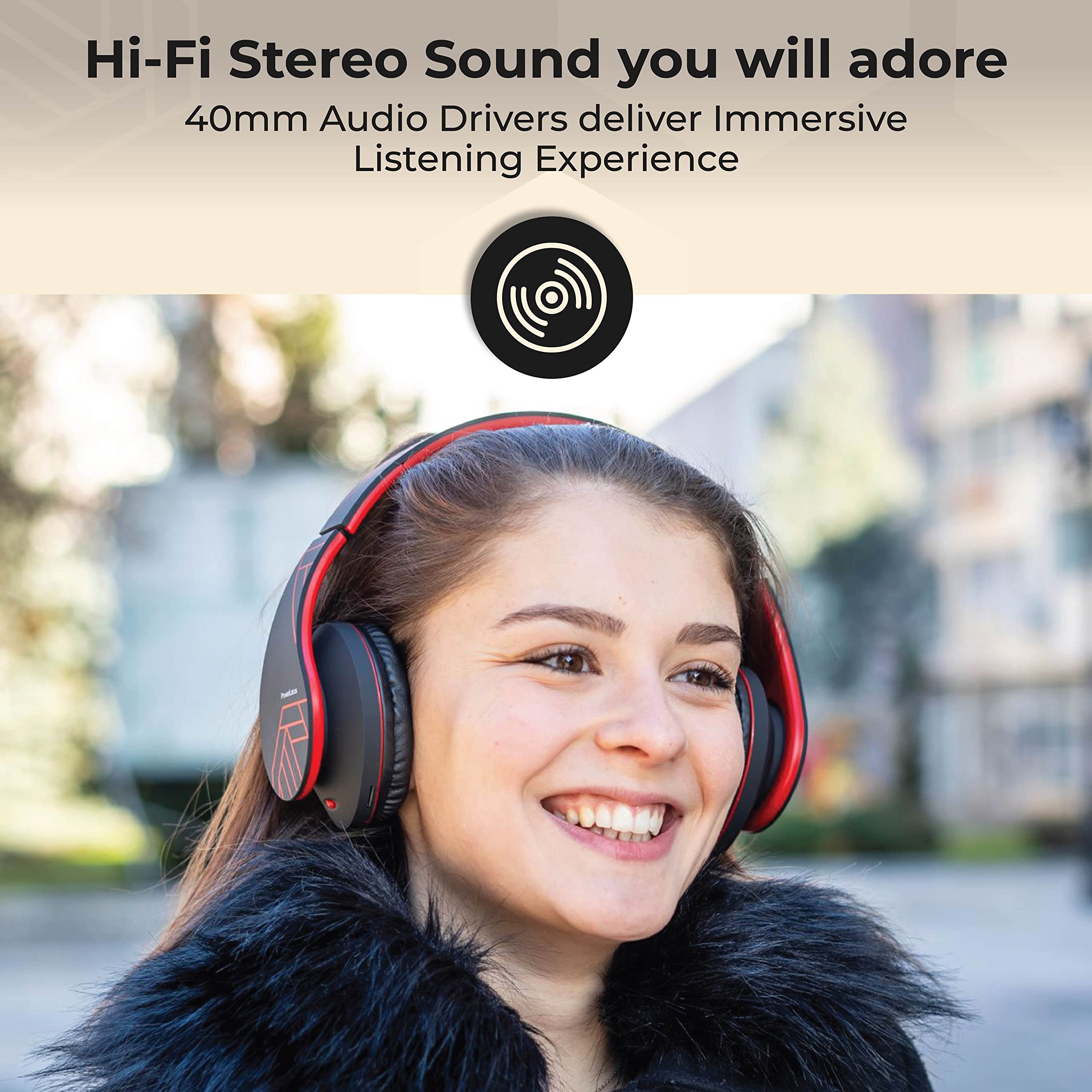 PowerLocus Bluetooth Over-Ear Headphones - Wireless & Wired Stereo Headset with Built-in Mic, Foldable Design, Micro SD/TF & FM Radio - Compatible with iPhone, Samsung, iPad, PC (Black/Red) - Perfect for Travel, Workouts & Home Entertainment