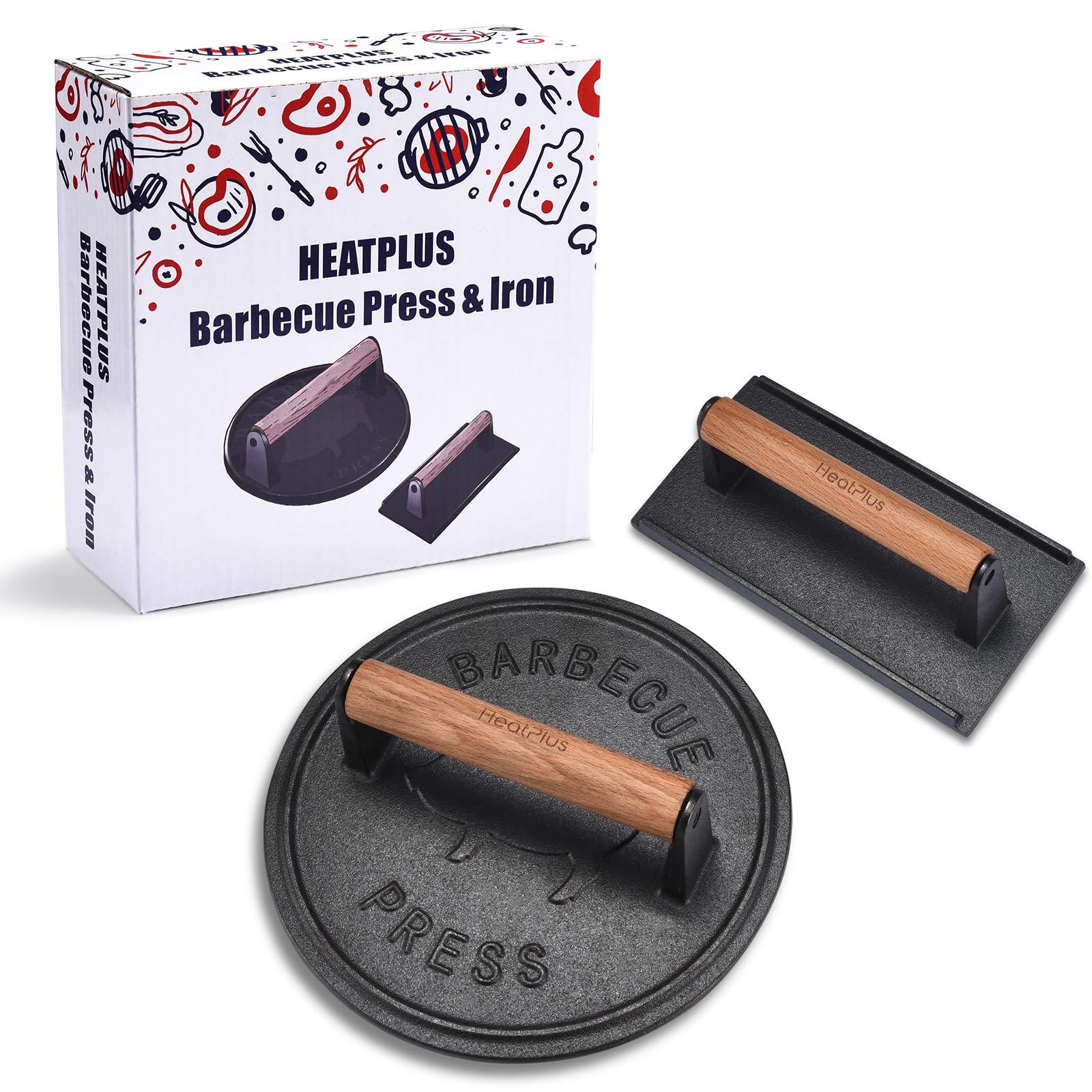 8.5 Inch Heavy-Duty Cast Iron Smasher Burger Press with Wood Handle - Perfect for Hamburgers, Panini, Steak & Sandwiches - Ideal for BBQ, Grilling & Home Cooking - Food-Grade Bacon & Grill Press (3lbs)