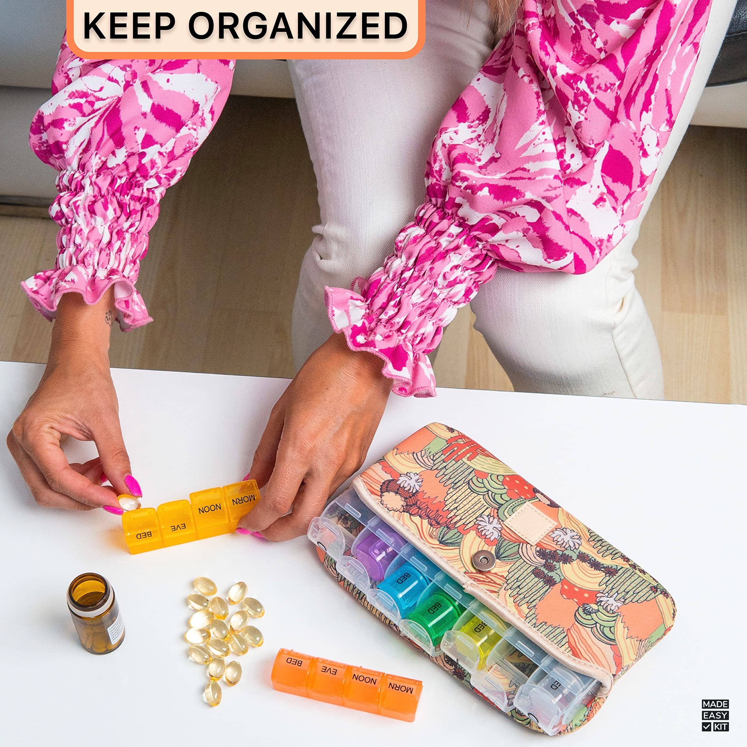 7-Day Large Pill Organizer with 28 Compartments - Neoprene Travel Pill Case for Daily & Weekly Medicine, Vitamins & Capsules (Morning/Noon/Evening/Bedtime) - Perfect for Home, Office & Travel (Khaki Desert Cactus)