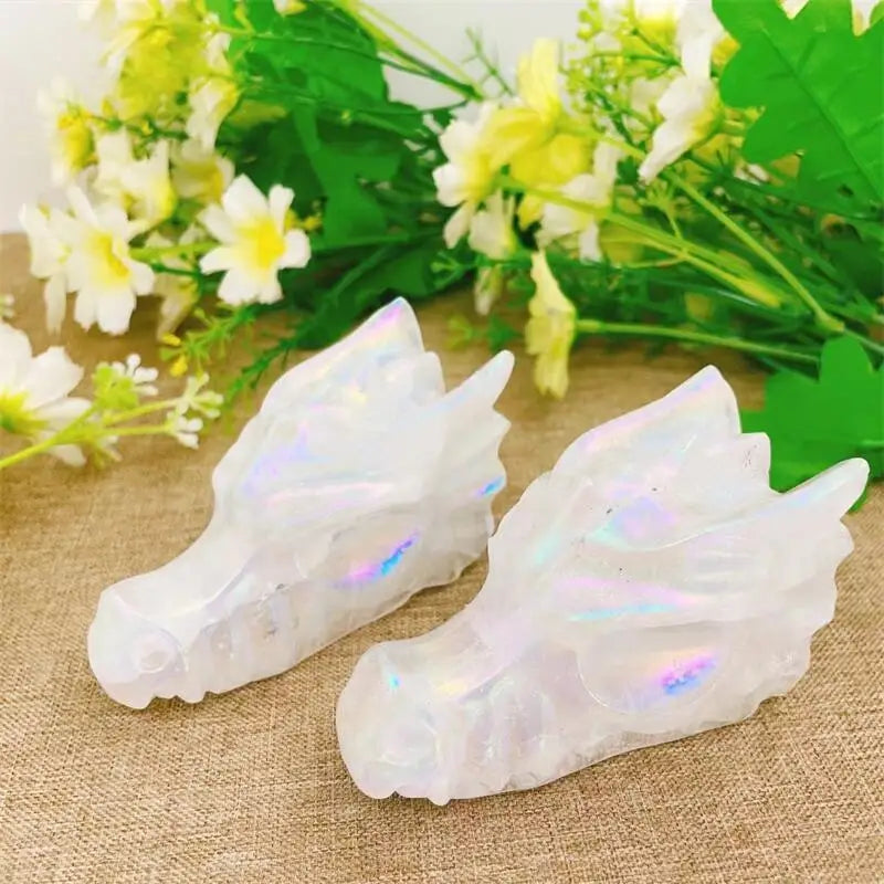 Natural Aura Quartz Dragon Skull Carving - Handcrafted Animal Statue for Home Decor, Feng Shui, Meditation & Spiritual Healing | Unique Holiday Gift, Birthday Present & Room Decoration (1 Piece) | Perfect for Zen Gardens, Office Desk & Crystal Collections