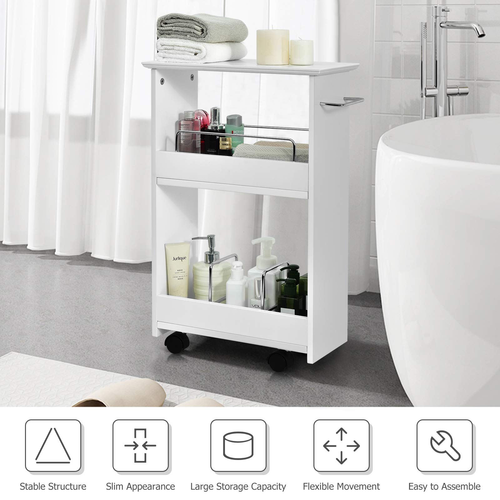 GOFLAME Slim Bathroom Storage Cart - Wooden Organizer Shelf with Towel Bar, Side Handle & Rolling Casters for Bathroom, Laundry Room, Kitchen - Perfect for Small Space Organization & Home Decor