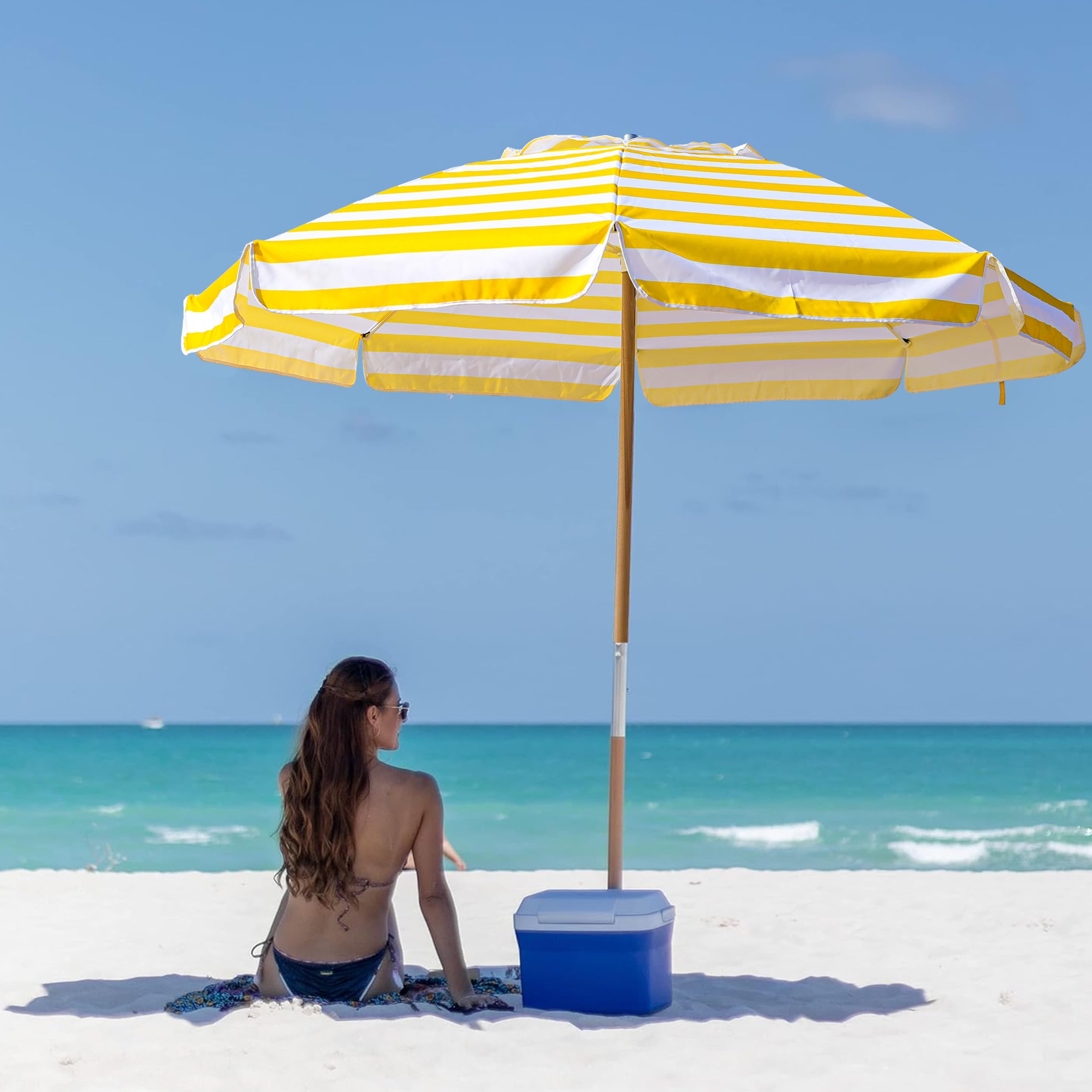AMMSUN 7.5ft Heavy Duty Commercial Grade Beach Umbrella with Air Vent - UPF 50+ Sun Protection, Ash Wood Pole & Carry Bag - Windproof Patio Umbrella for Poolside, Backyard, and Beach (Yellow & White Stripe)