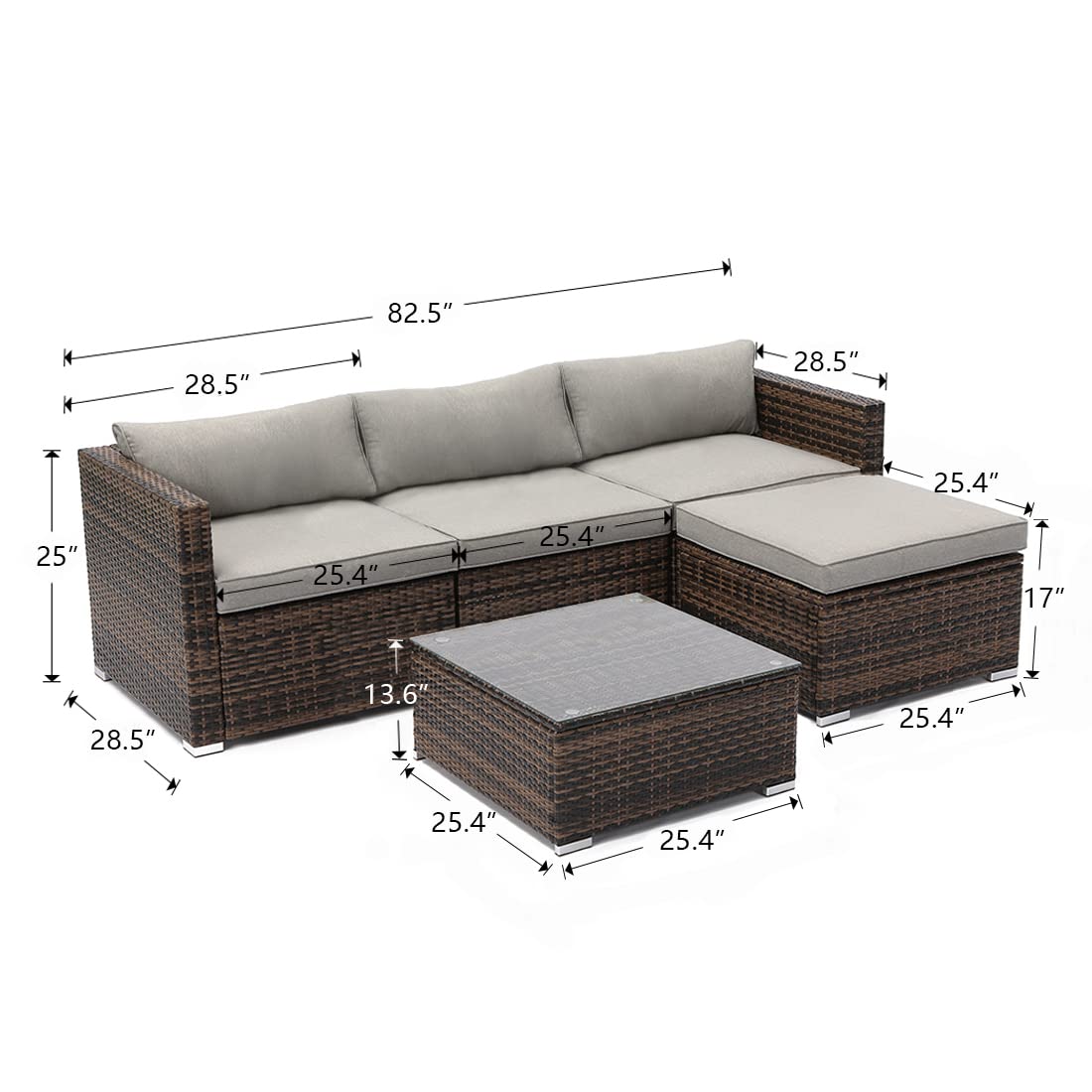 5-Piece All-Weather Wicker Patio Furniture Set - Mottlewood Brown Outdoor Sectional Sofa with Gray Cushions & Glass-Top Coffee Table | Perfect for Backyard, Poolside & Garden Relaxation