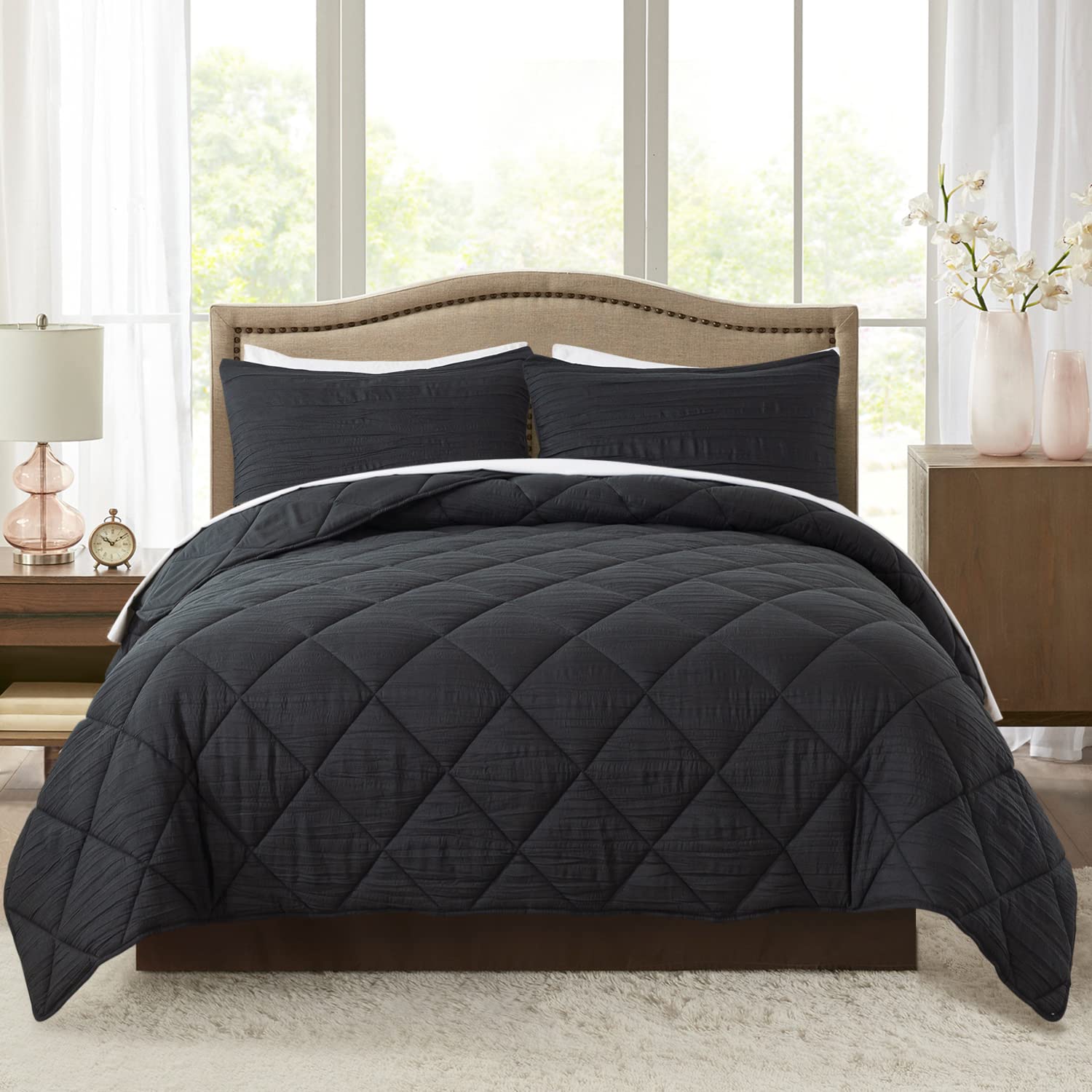 JML 2-Piece Twin Comforter Set with Pillow Sham - Lightweight Farmhouse Vintage Quilted Design, All-Season Down Alternative Bedding | Perfect for Guest Rooms, Dormitories & Cozy Farmhouse Decor (Black)