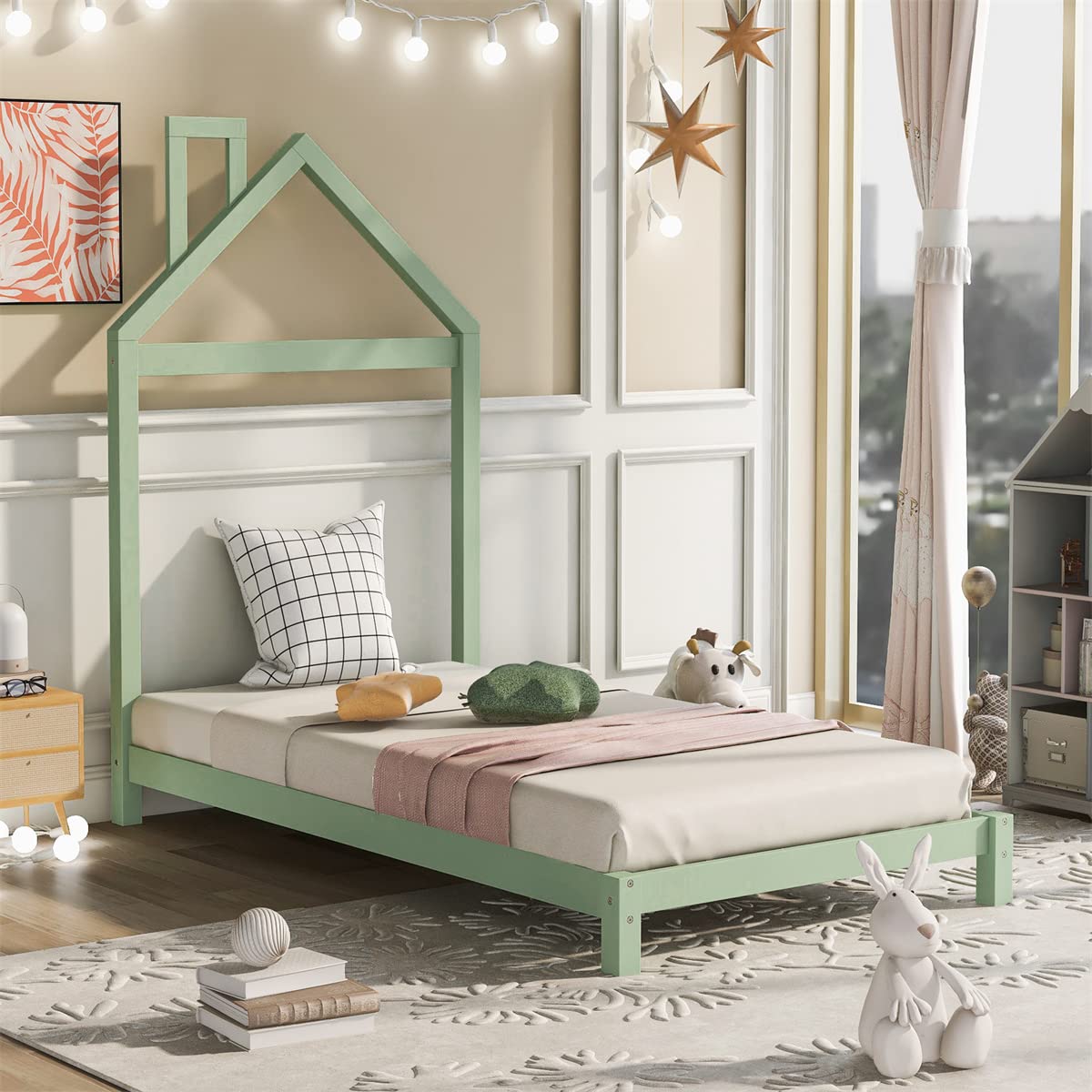 TRIPLE TREE Twin Size Wooden House-Shaped Platform Bed with Chimney Headboard - Sturdy Slat Support Frame for Kids & Teens (No Box Spring Needed) - Perfect for Bedroom, Playroom & Nursery Decor (Green)