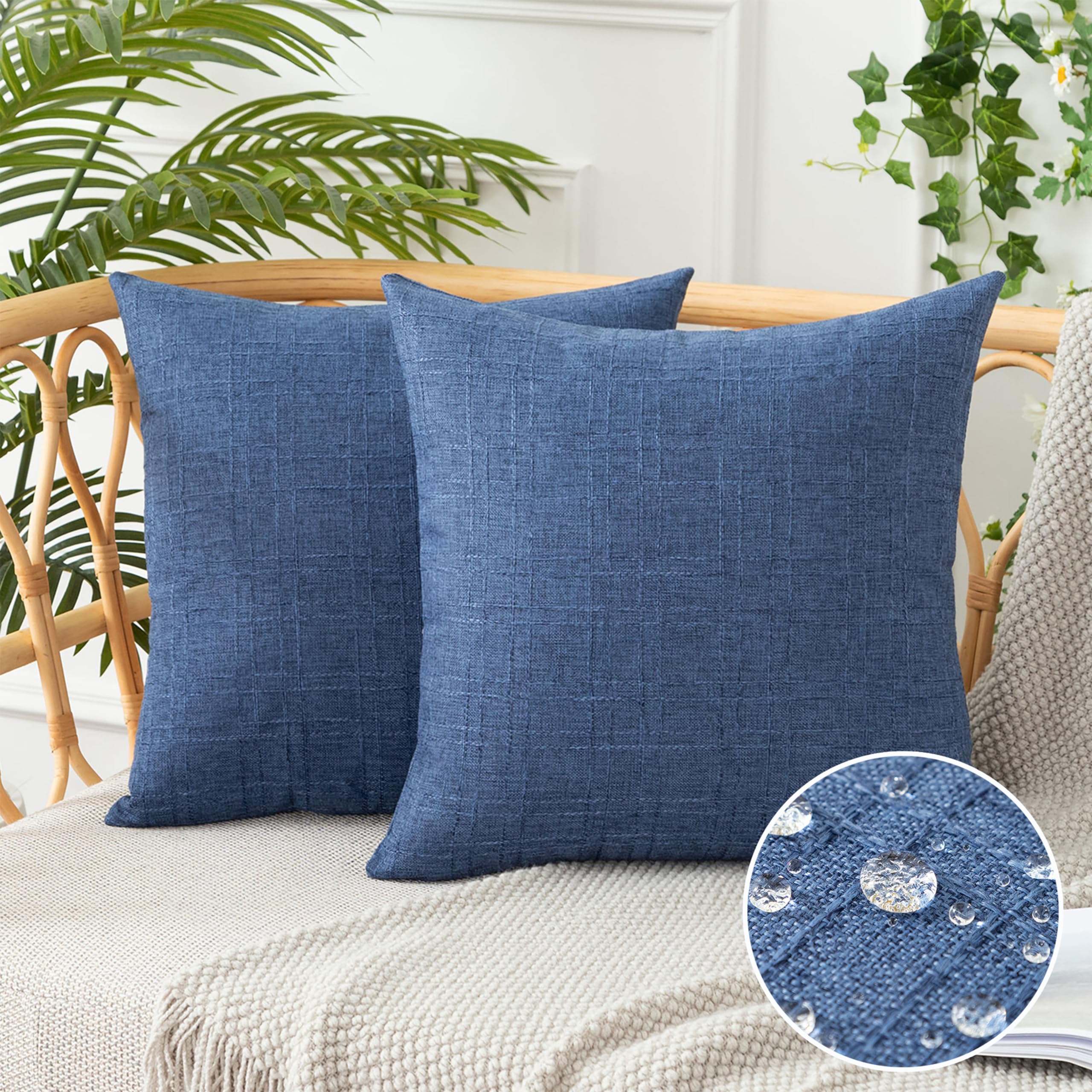 UGASA Waterproof Outdoor Throw Pillow Covers Set of 2 - 18x18 Inch Plaid Farmhouse Linen Square Cushion Covers for Patio, Porch, Garden Bench - Blue | Weather-Resistant Decorative Pillowcases for Outdoor Furniture & Backyard Decor