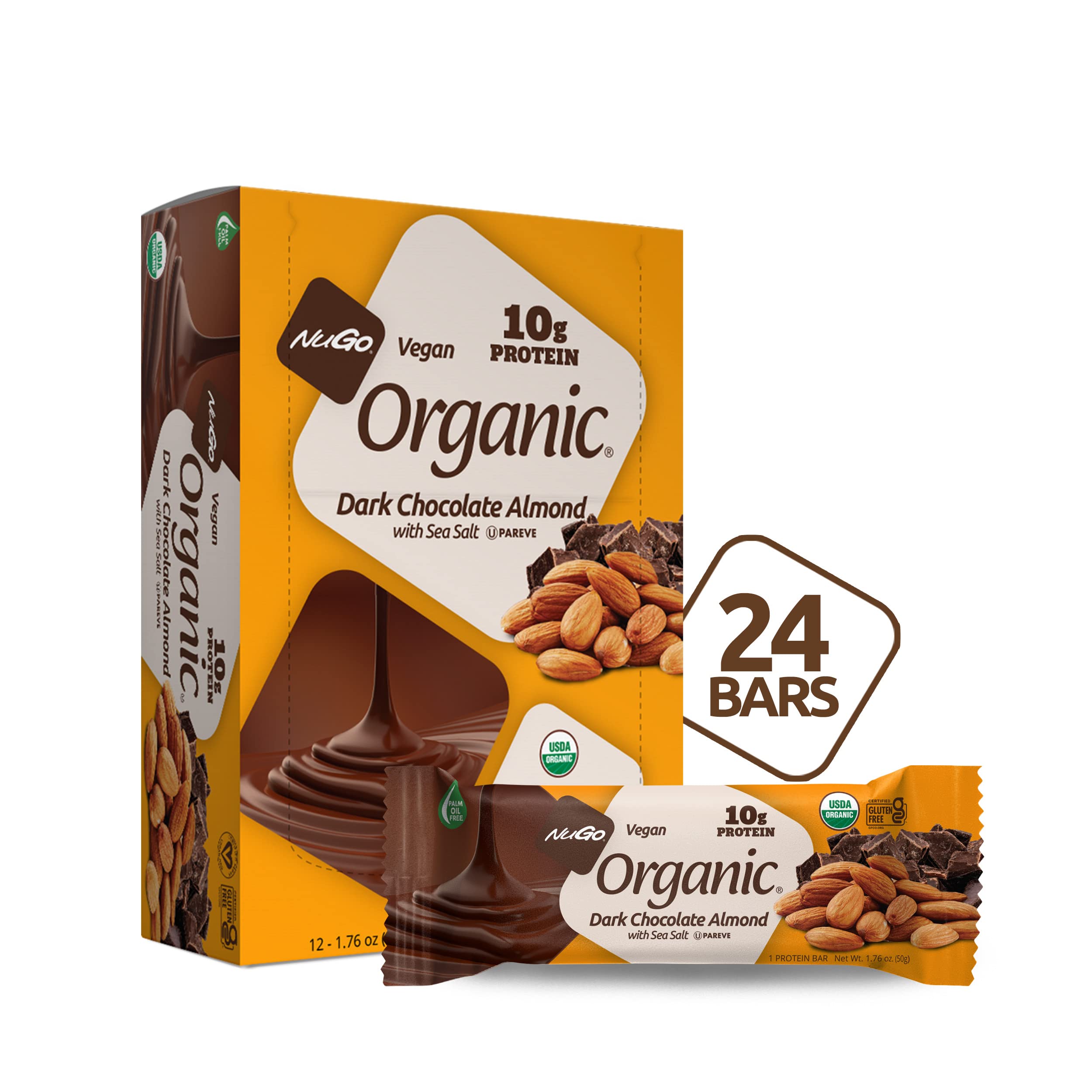 Nugo Organic Dark Chocolate Almond Protein Bar - 10g Vegan Protein, Gluten Free, Non-GMO (24 Count) - Perfect for Post-Workout Recovery & Healthy Snacking
