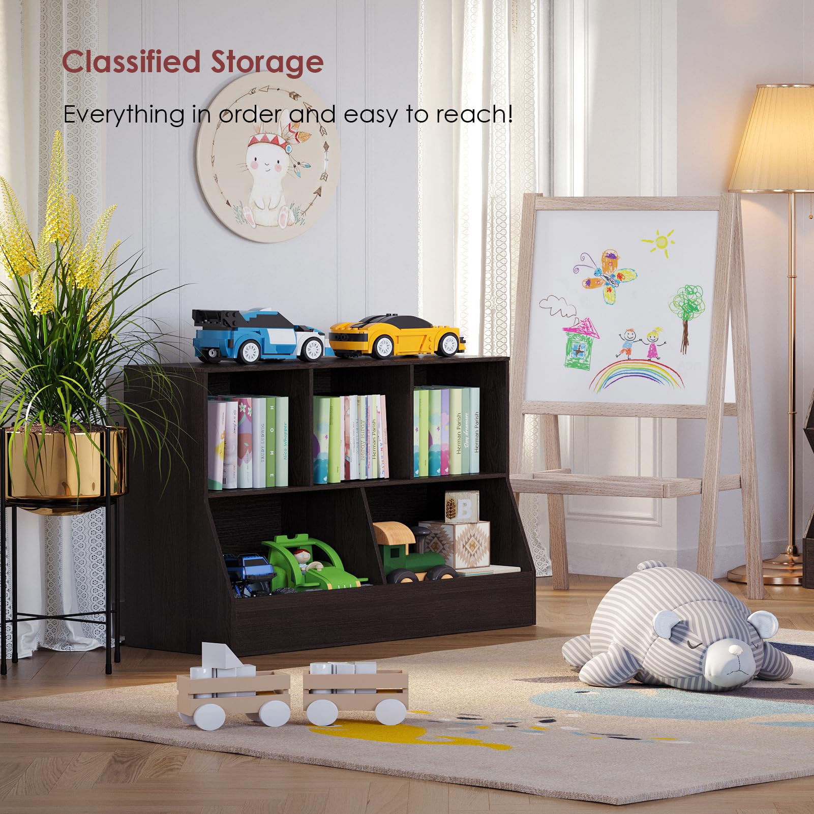 DINZI LVJ 5-Cubby Wooden Toy Storage Organizer & Kids Bookshelf - Espresso Toy Cabinet & Bookcase for Playroom, Bedroom, Nursery - 43.3