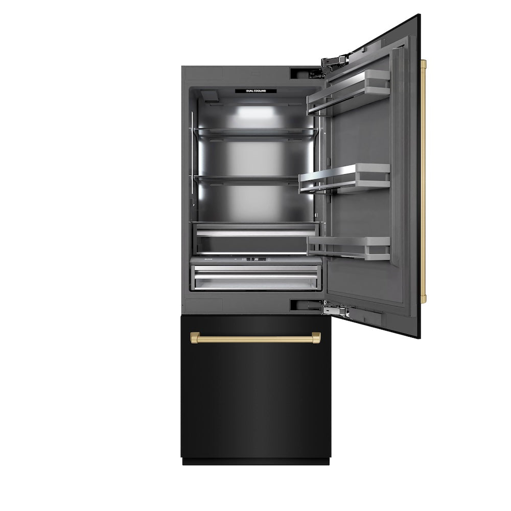 ZLINE Autograph Edition 30 Inch Built-In Bottom Freezer Refrigerator - 16.1 cu ft Capacity, Black Stainless Steel with Graphite Gray Interior & Champagne Bronze Accents - Water Dispenser & Ice Maker - Perfect for Modern Kitchens & Open-Concept Homes (GRBIVZ BS 30 CB)