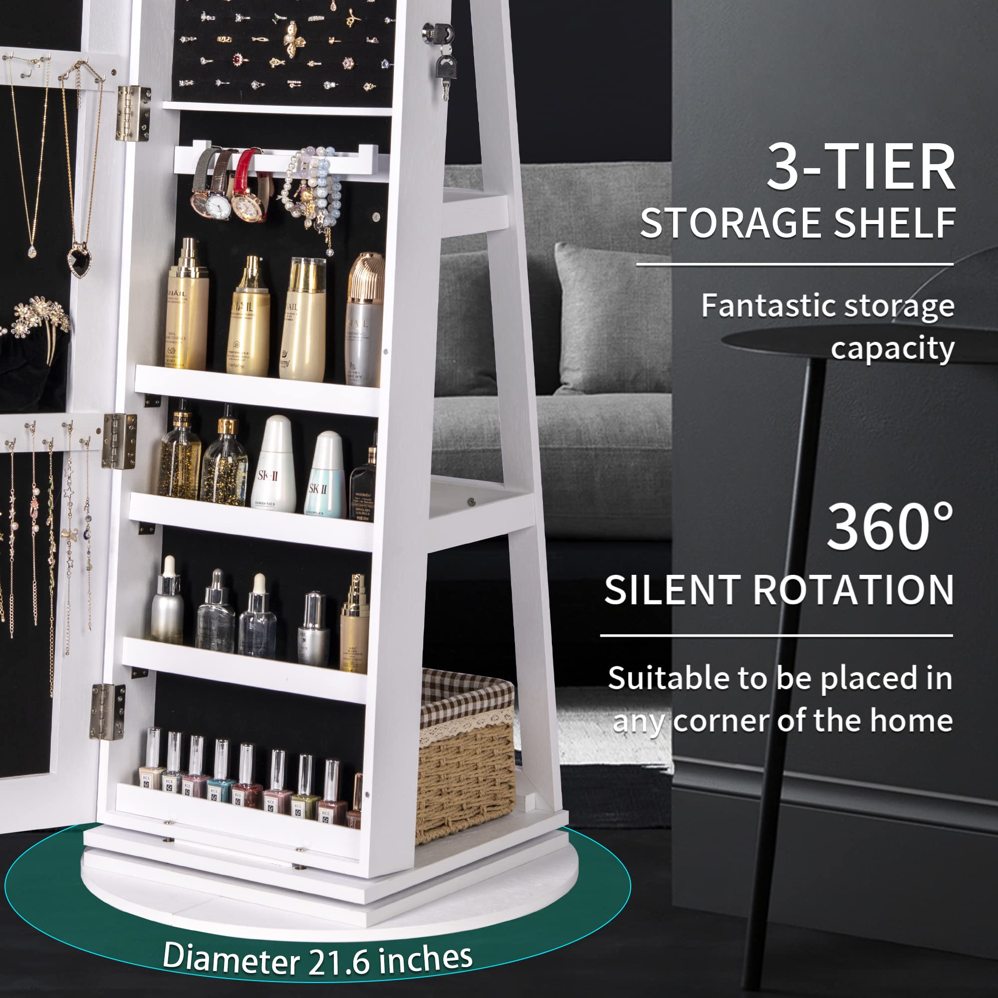 Full Length Mirror Jewelry Armoire with LED Lights - Lockable Standing Jewelry Cabinet with 360° Swivel Mirror, Jewelry Storage Organizer for Women & Girls (Perfect for Bedroom, Dressing Room & Gift Giving)
