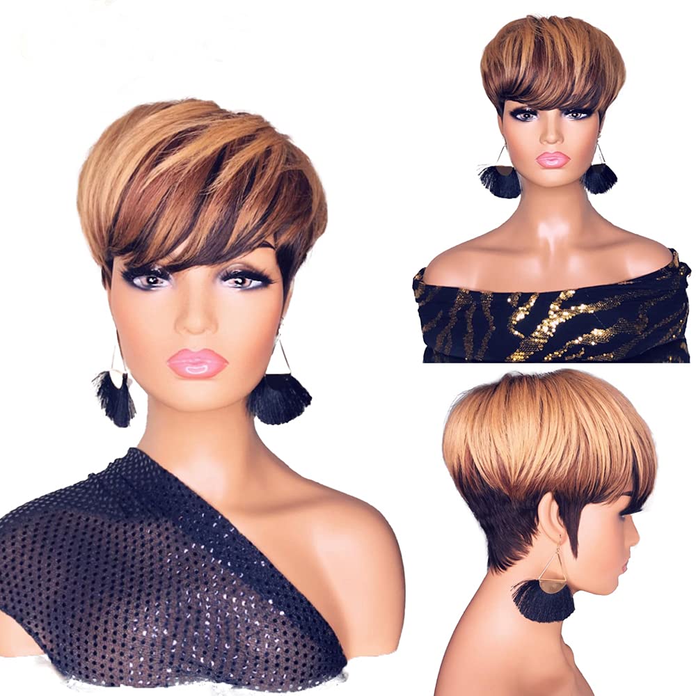 Short Bob Wig for Black Women - 8 Inch Ombre Human Hair Wig with Bangs, 130% Density Brazilian Remy Hair, Machine Made No Lace Front Wig | Perfect for Daily Wear, Cosplay & Special Occasions