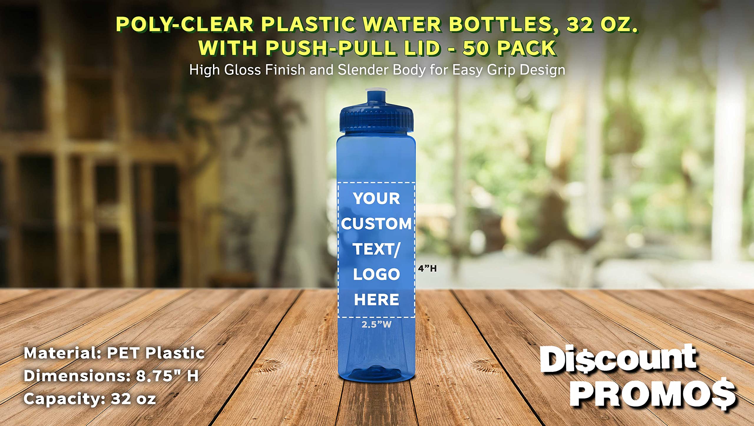 50 Pack 32oz Clear Plastic Water Bottles with Push-Pull Lids - Customizable Text & Logo - Durable, Leak-Proof, Reusable - Transparent Blue - Perfect for Sports, Gym, Office, and Outdoor Activities