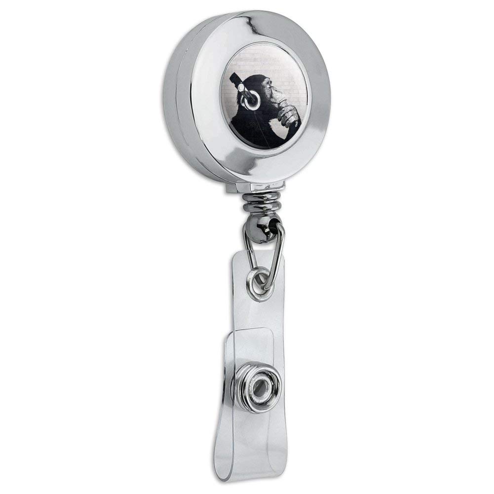 Retractable Badge Holder with Headphone & Monkey Design - Chrome ID Card Clip for Work, Security, and Office Use