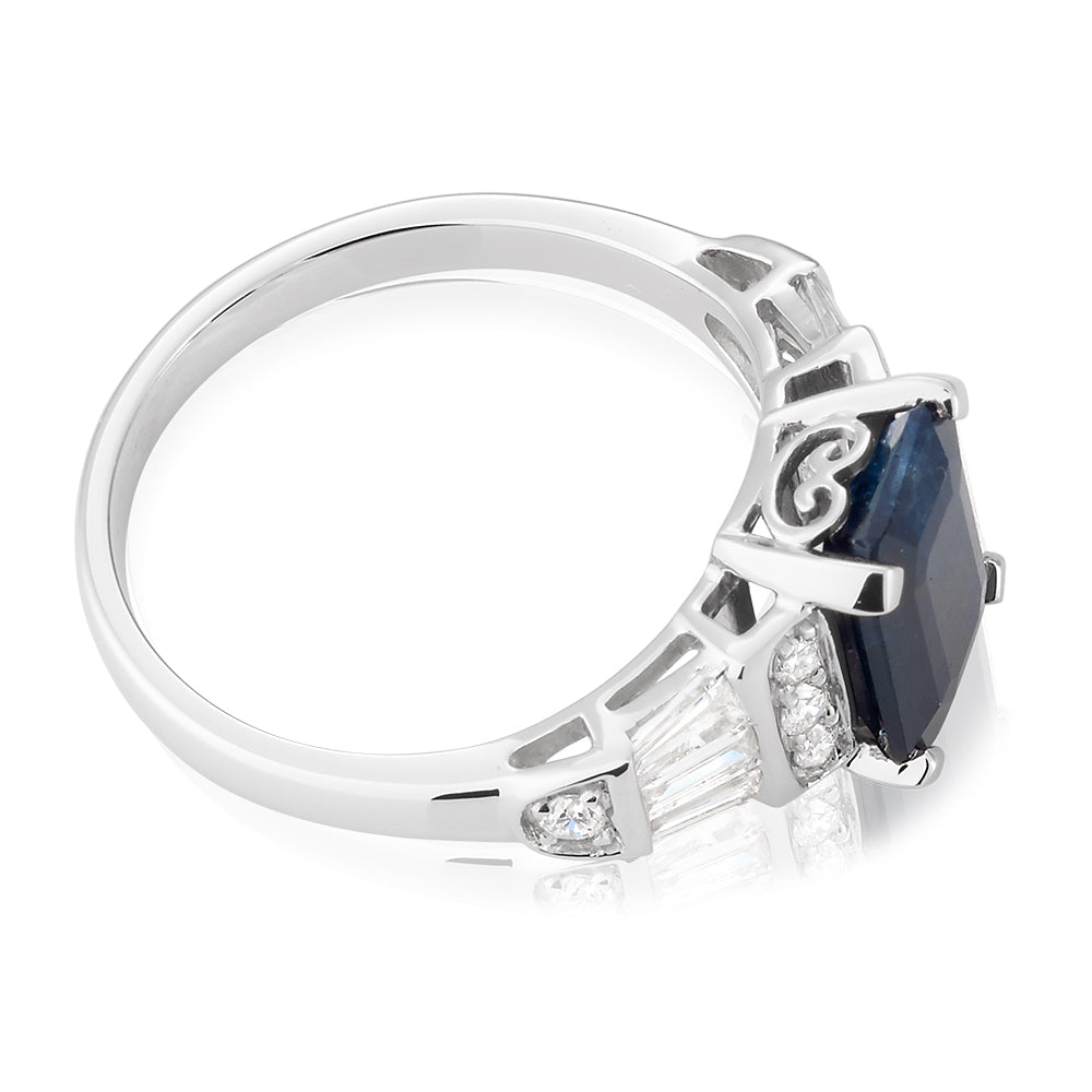 18K White Gold Natural Black Sapphire 3.00ct Emerald Cut Ring with 0.50ct Diamond Accents - Perfect for Engagement, Anniversary & Special Occasion Jewelry Gifts