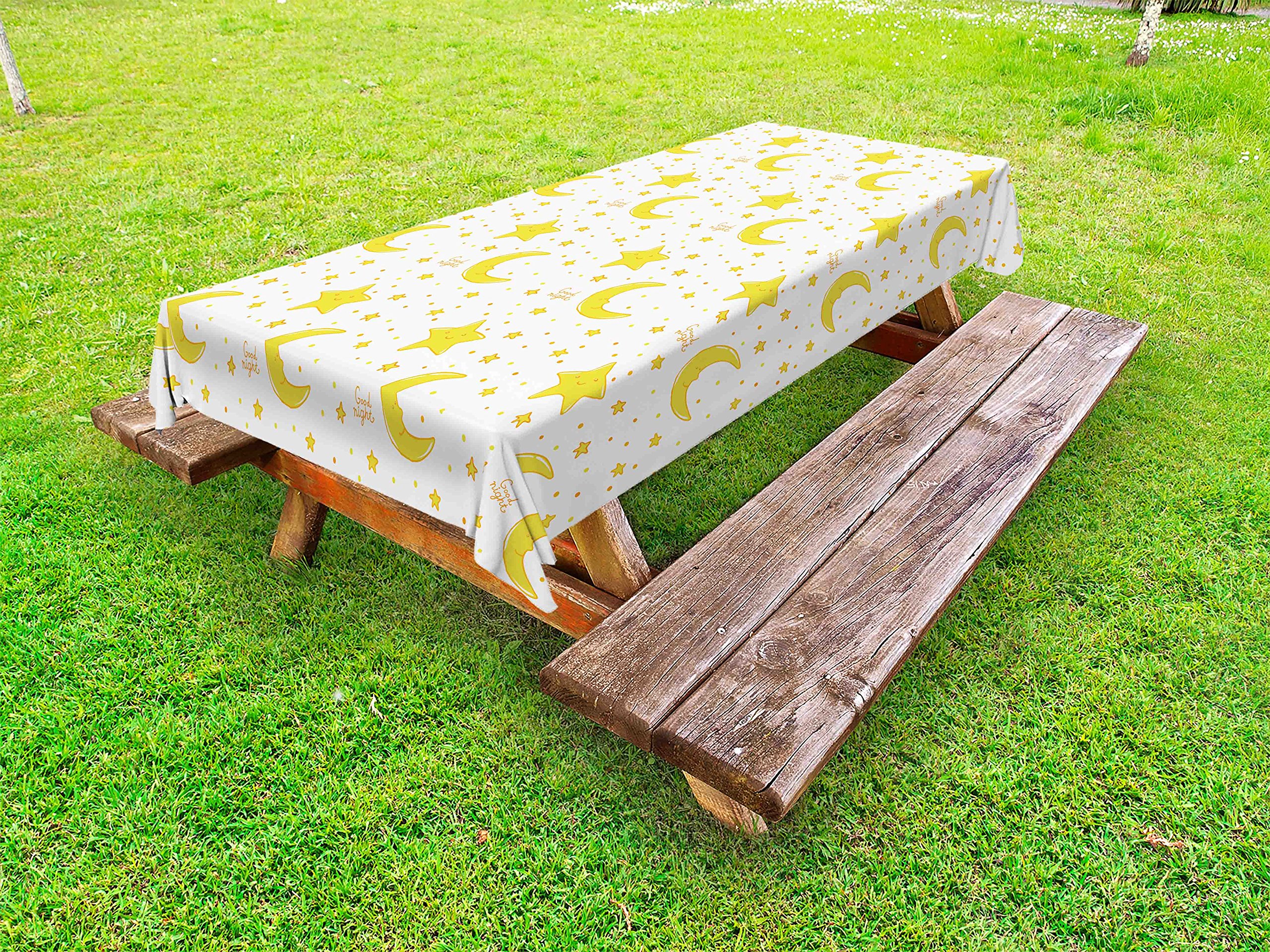 Ambesonne Yellow and White Outdoor Tablecloth - Crescent Moon and Stars Night Sky Design, Washable Picnic Table Cover 58x104 Inches - Perfect for Backyard BBQs, Camping & Outdoor Dining Decor
