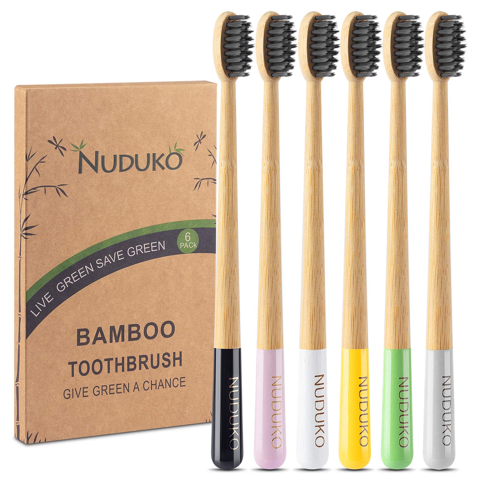 Eco-Friendly Biodegradable Bamboo Toothbrushes with Charcoal Bristles - 6 Pack Soft Bristle, BPA-Free, Compostable & Sustainable for Travel, Home & Zero-Waste Lifestyle | Natural Wooden Toothbrush Set for Adults & Kids