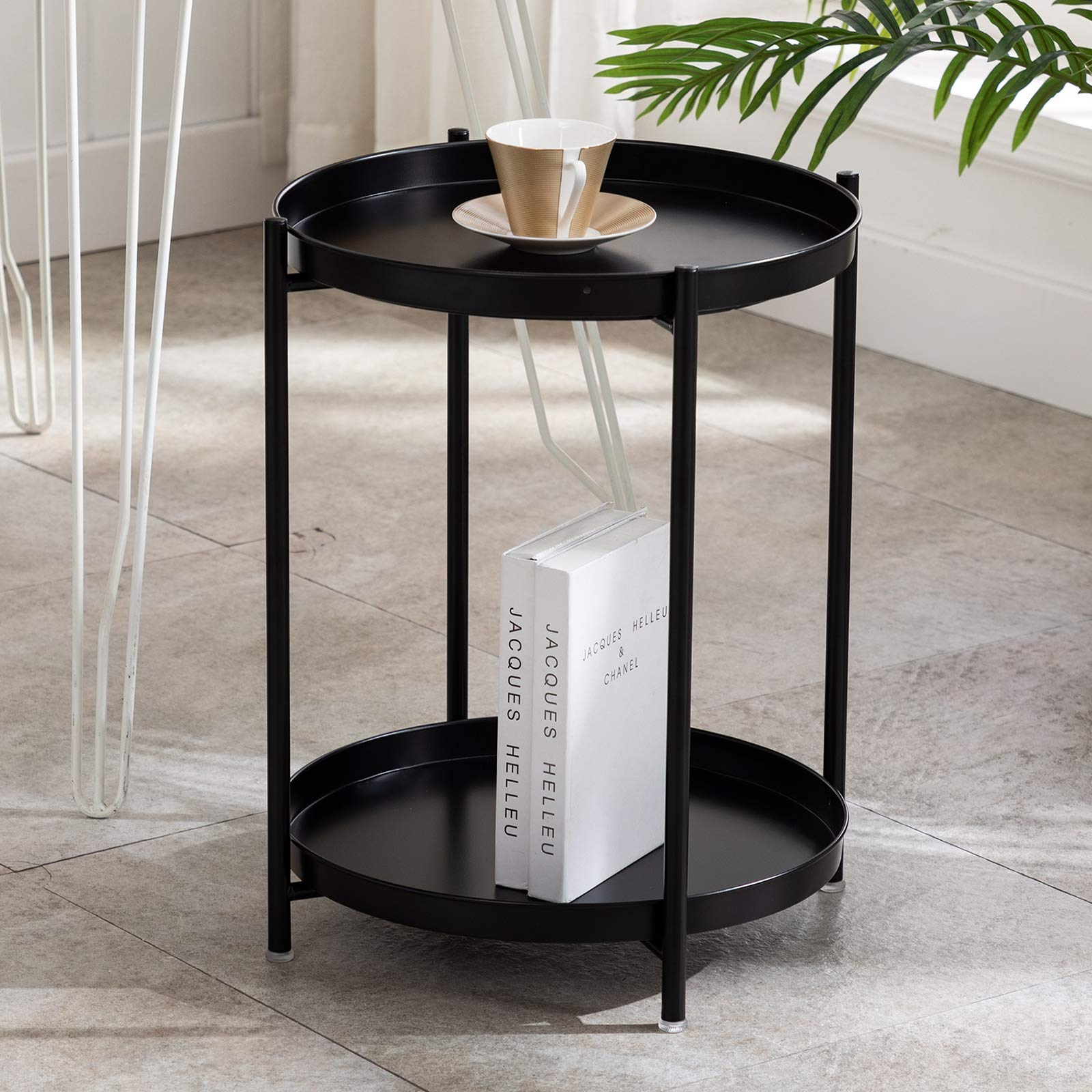 Artechworks Small Round Side Table with Removable Tray - Waterproof End Table for Living Room, Bedroom, Office & Balcony - Modern Coffee Table for Sofa, Perfect for Reading Nook, Guest Rooms & Small Spaces (Black)