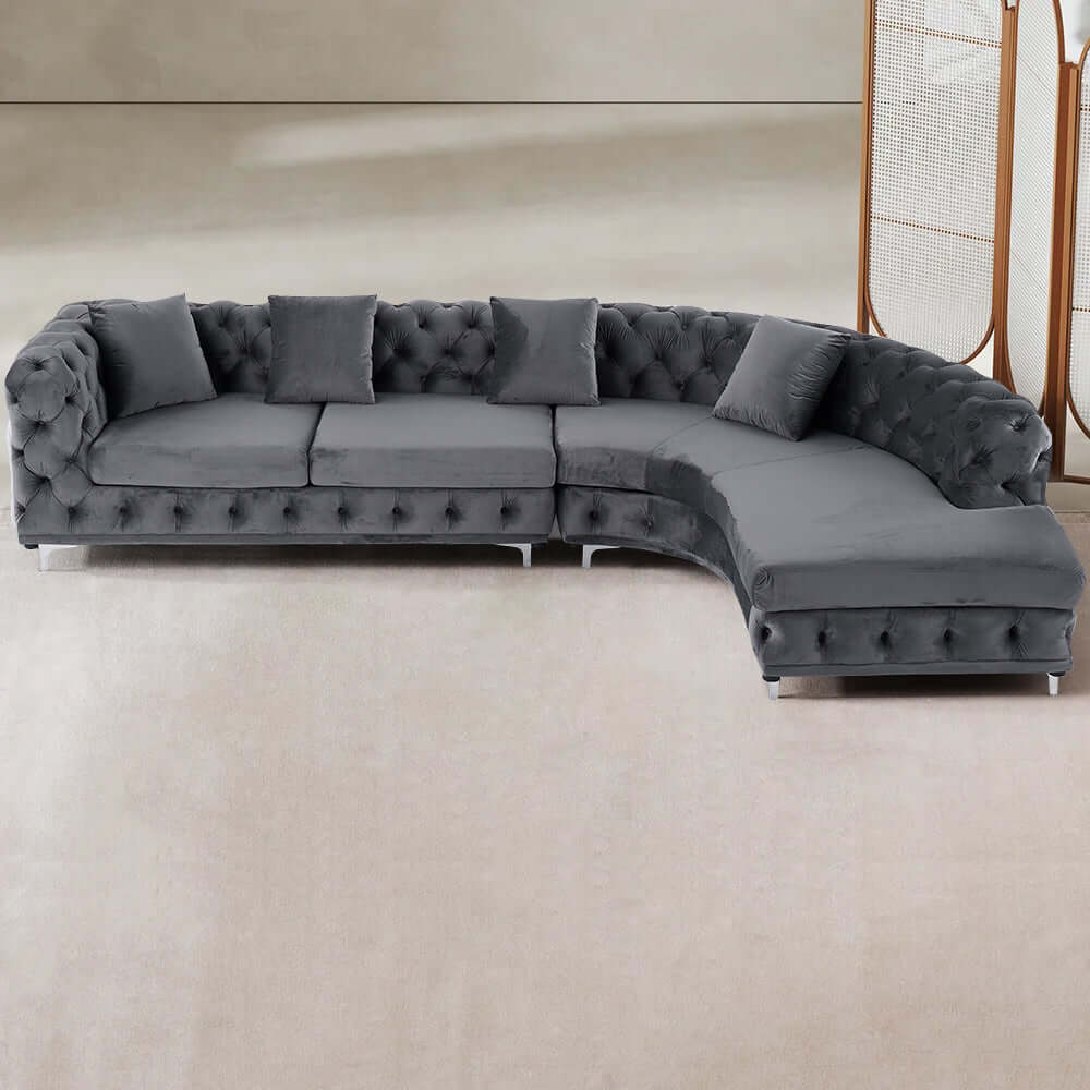 L-Shaped Curved Gray Velvet Sectional Sofa - Modern Chesterfield Style Living Room Couch for Small Spaces & Apartments | Perfect for Lounge, TV Room & Home Theater
