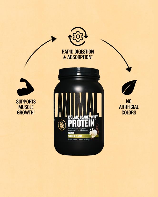 Animal Whey Isolate Protein Powder - 25g Protein for Pre & Post Workout Muscle Building & Recovery with Digestive Enzymes - Low Sugar, Great Vanilla Flavor - 2 lbs for Men & Women - Perfect for Gym, Home Workouts & Active Lifestyle