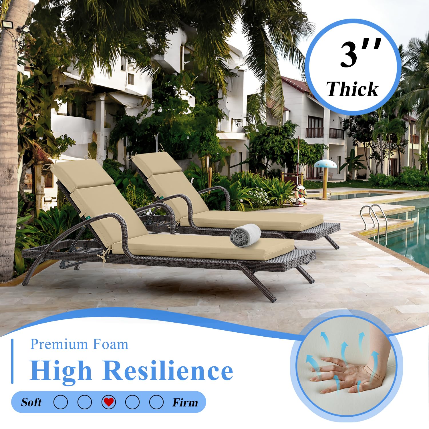FILUXE Outdoor Chaise Lounge Cushions 80x26x3 Inch - High-Density Foam Chair Cushion with Ties, Weather & Fade Resistant - Patio, Lawn, Pool & Beach Recliner Cushions (Khaki) | Perfect for Sunbathing, Relaxing by the Pool, or Lounging in Your Backyard