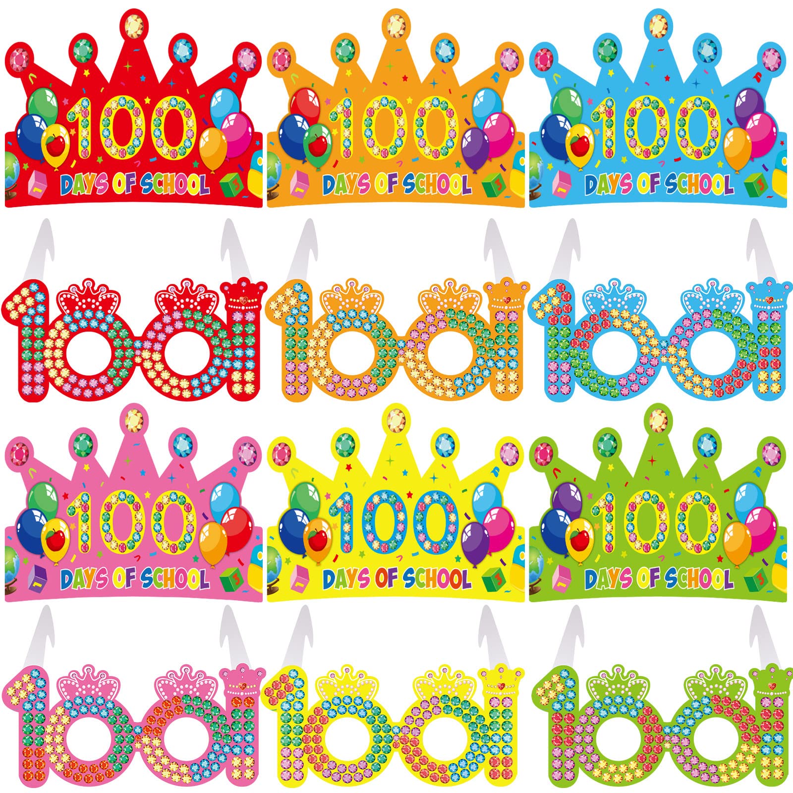 72 Pcs 100 Days of School Party Decorations Kit - 36 Sets Paper Glasses & Crowns for 100th Day Celebration - Perfect for Classroom Activities, School Events & Milestone Party Favors