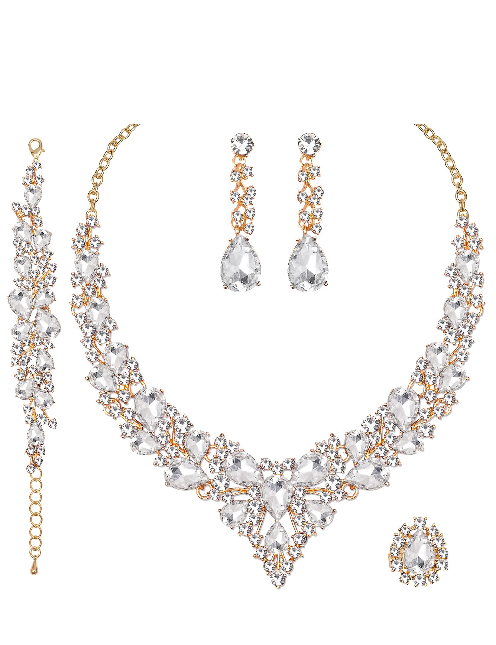 CSY 4-Piece Austrian Crystal Bridal Jewelry Set - Necklace, Earrings, Bracelet & Ring for Wedding, Party & Special Occasions | Elegant Costume Accessories & Gifts for Women, Brides & Bridesmaids