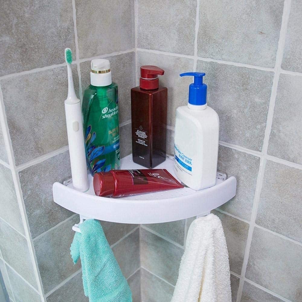 New Corner Mount Storage Shelves - Strong Suction Wall Mount Shelf with Hooks for Bathroom & Kitchen Organization - Easy to Install Space-Saving Solution for Small Spaces