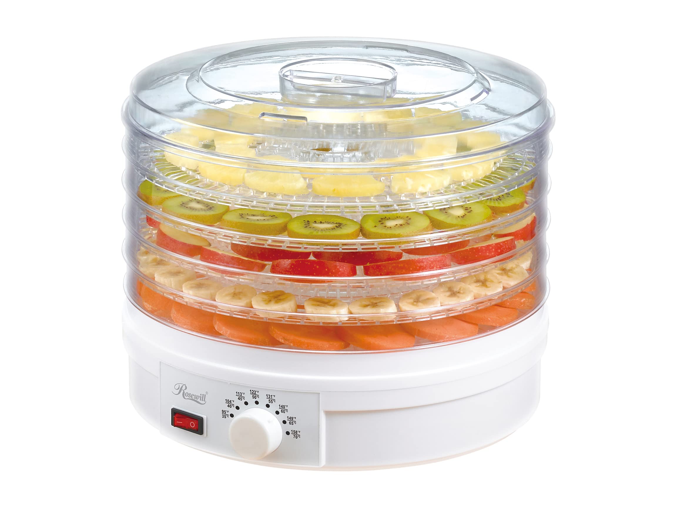 Rosewill 5-Tray Food Dehydrator Machine - Electric Fruit & Vegetable Dryer with Adjustable Thermostat, BPA-Free, Portable Design (Clear/White) - Perfect for Making Healthy Snacks, Jerky, Herbs & Dried Fruits at Home