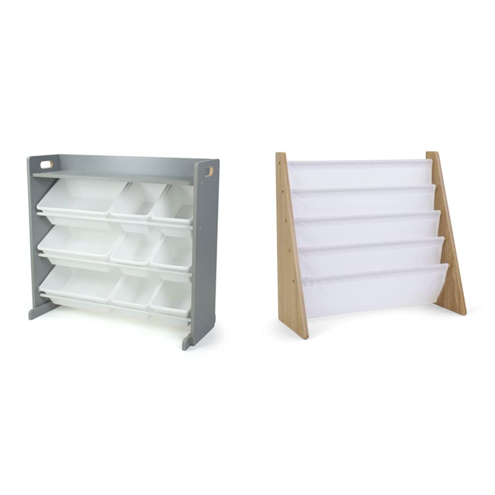 Humble Crew Inspire Toy Organizer with Shelf & 9 Storage Bins - Kids Book Rack Storage Bookshelf with Deep Sleeves - Grey/White & Natural/White - Perfect for Nursery, Playroom & Classroom Organization