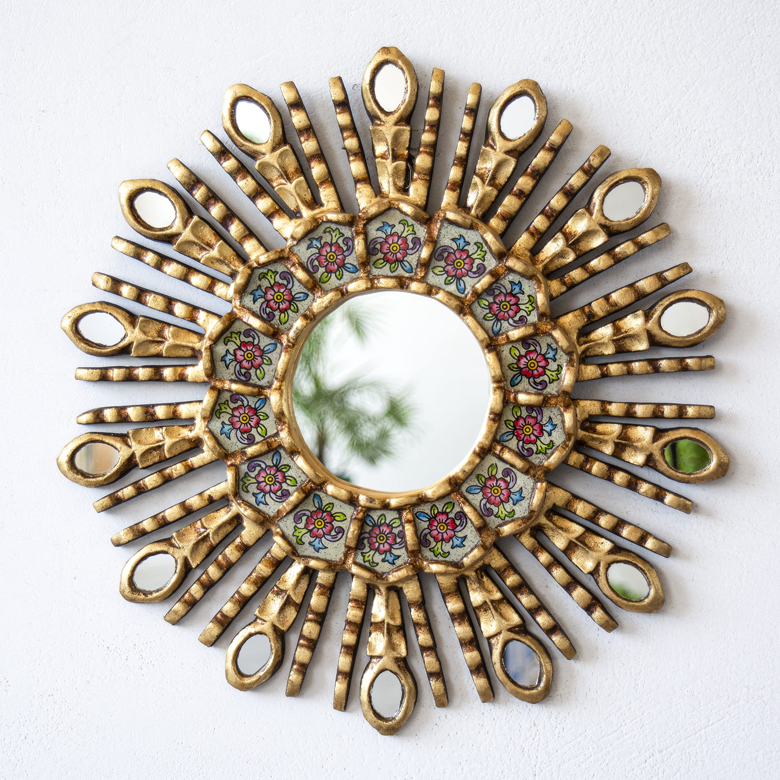 Handmade Sunburst Wall Mirror - Gold Leaf Wooden Decorative Mirror for Home Decor, Living Room, Bedroom - Perfect Mother's Day Gift (Beige)