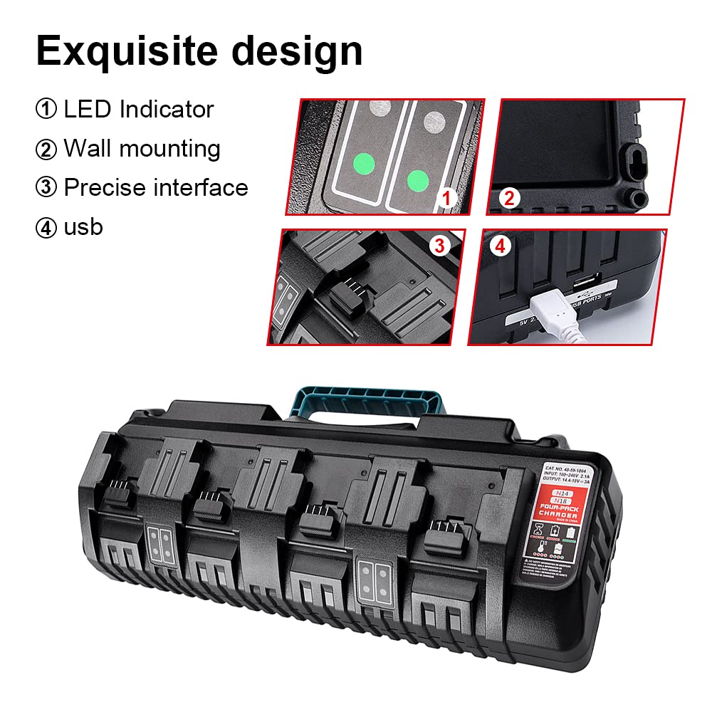 Taingwei N18 4-Port Fast Battery Charger Station - Compatible with Milwaukee 18V Lithium-Ion Batteries & Power Tools - Perfect for Workshop, Job Site & Home DIY Projects