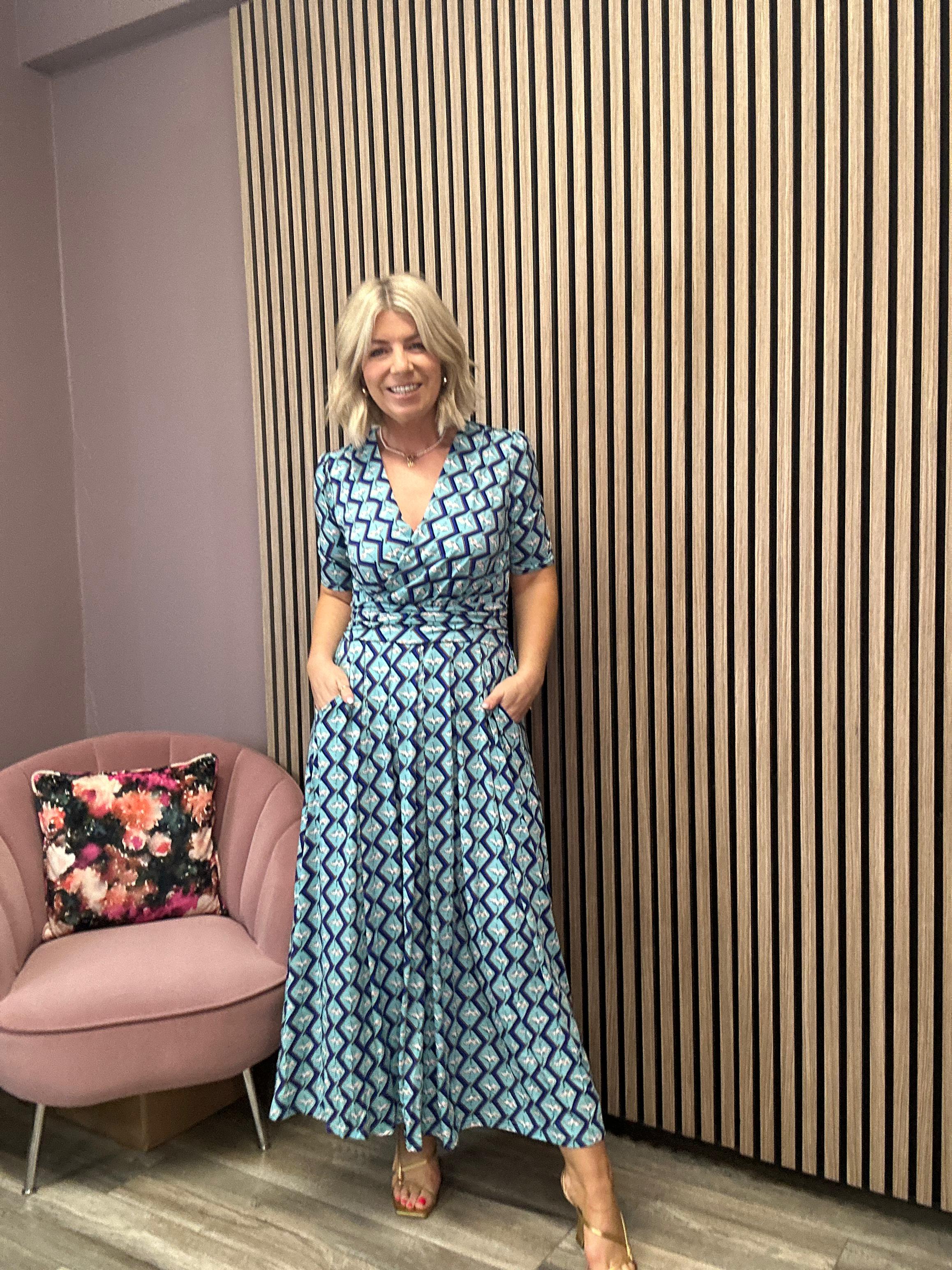 Bree Half Sleeve Jersey Maxi Dress - Green Geometric Print Flowy Summer Dress for Women | Perfect for Beach Vacation, Date Night & Casual Outings