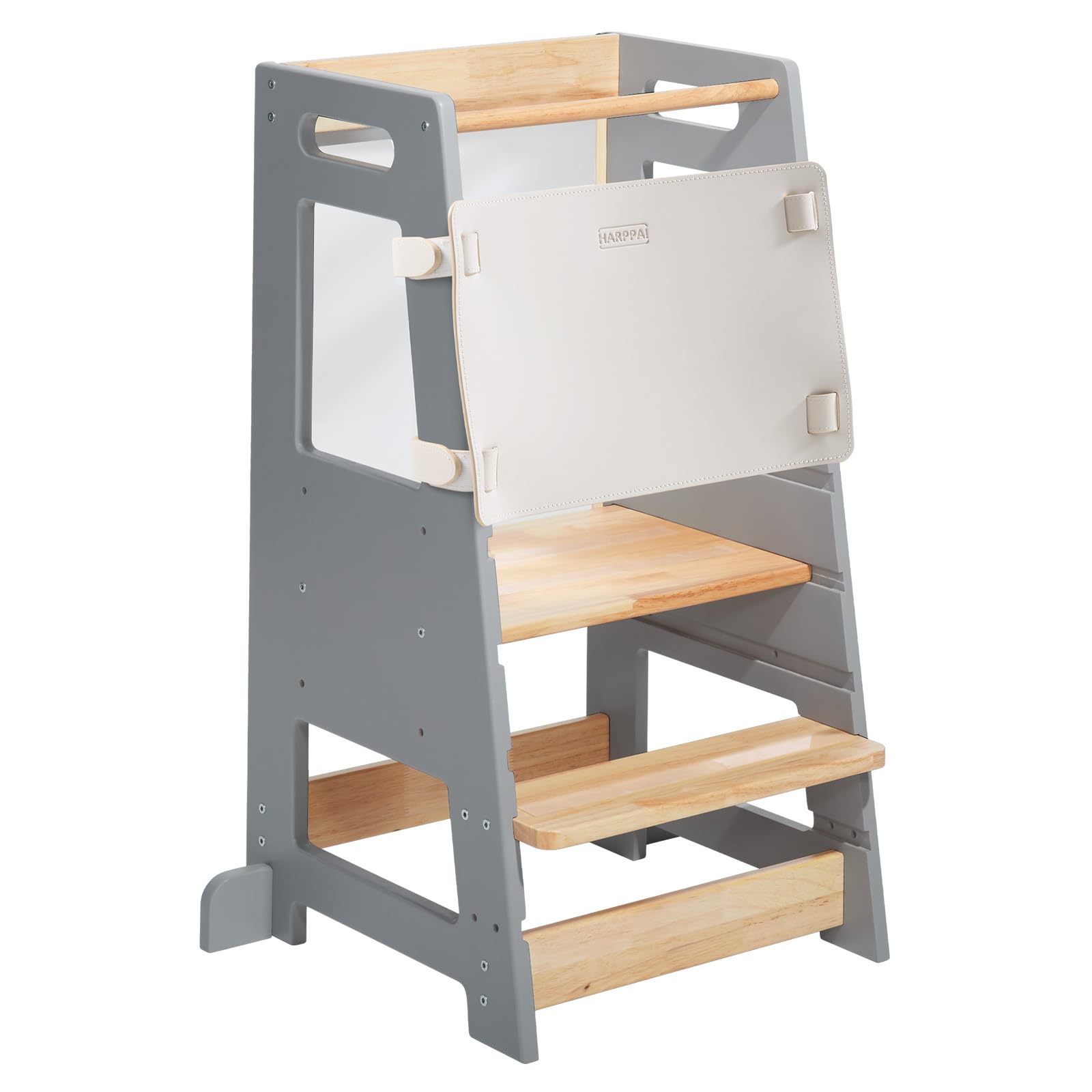 Adjustable Height Toddler Kitchen Helper Stool with Anti-Slip Protection & Safety Rail | Montessori Learning Stool with Chalkboard for Kids | Perfect for Baking, Cooking & Playtime (Gray)
