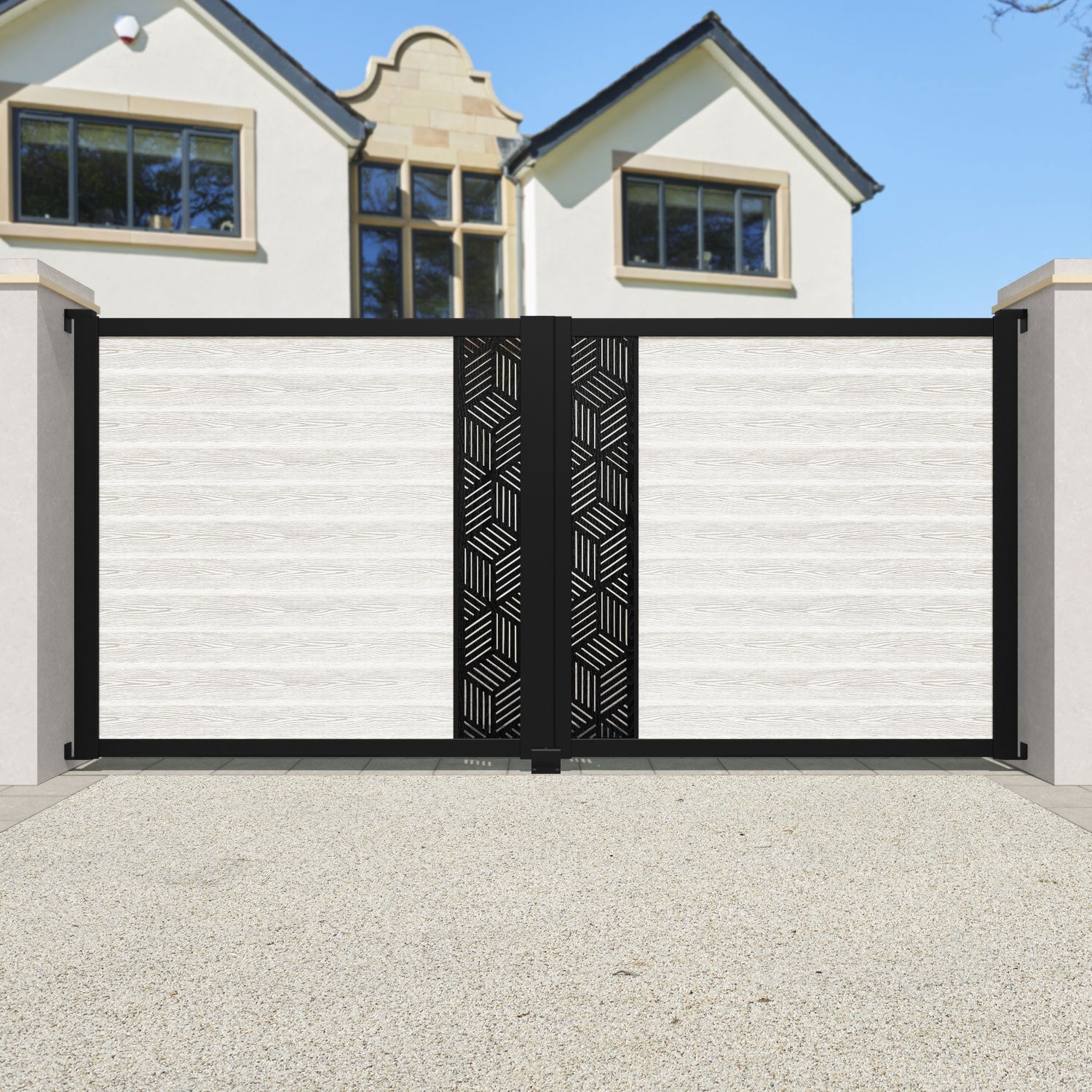 Classic Cubed Straight Top Driveway Gate - Light Stone Finish with Middle Screen | Durable & Stylish Driveway Entrance Solution for Homes & Commercial Properties