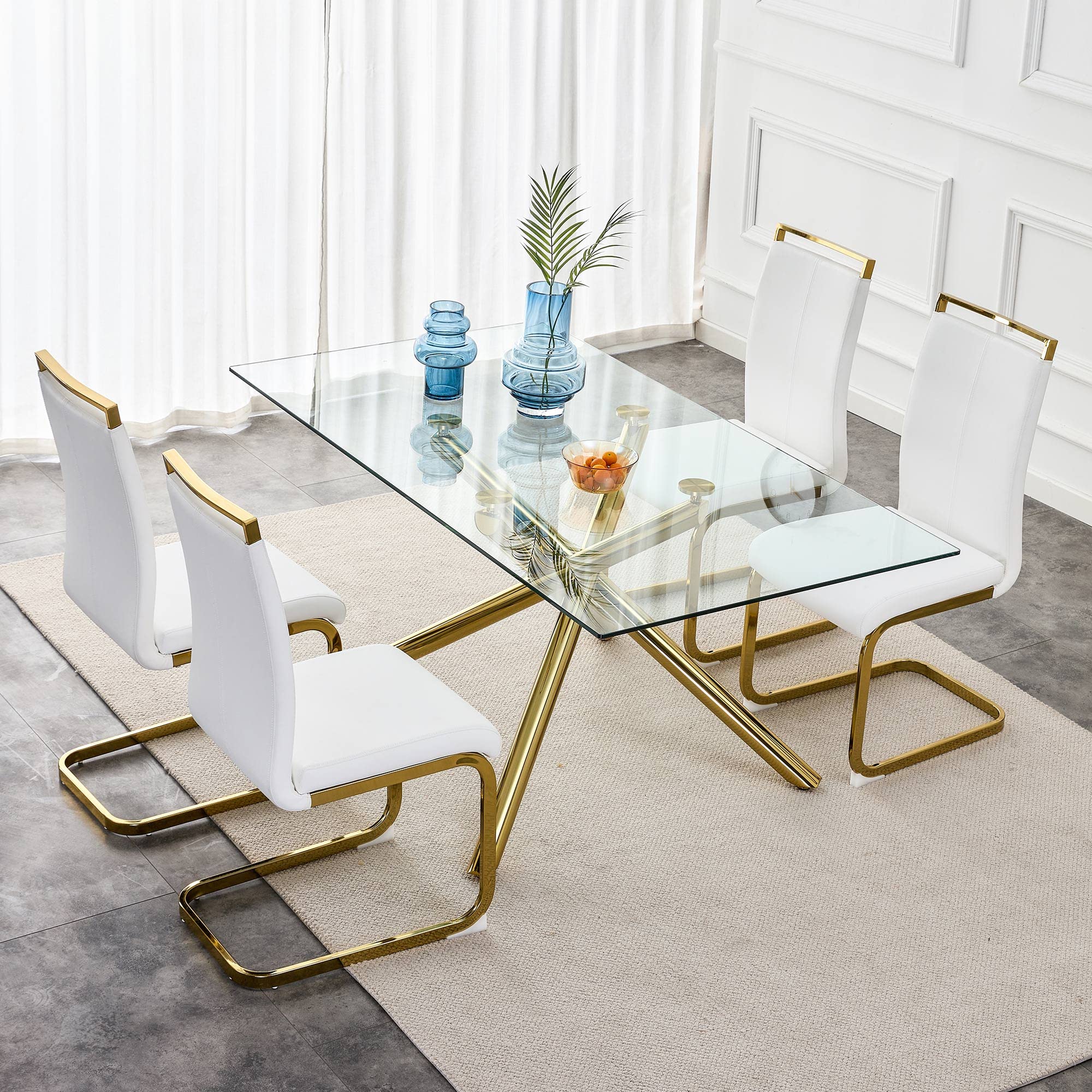 Baysitone Modern Dining Chairs Set of 4 - Gold Legs Faux Leather Padded High Back Chairs for Kitchen, Dining Room & Living Room - Elegant White Seating for Home Decor & Entertaining