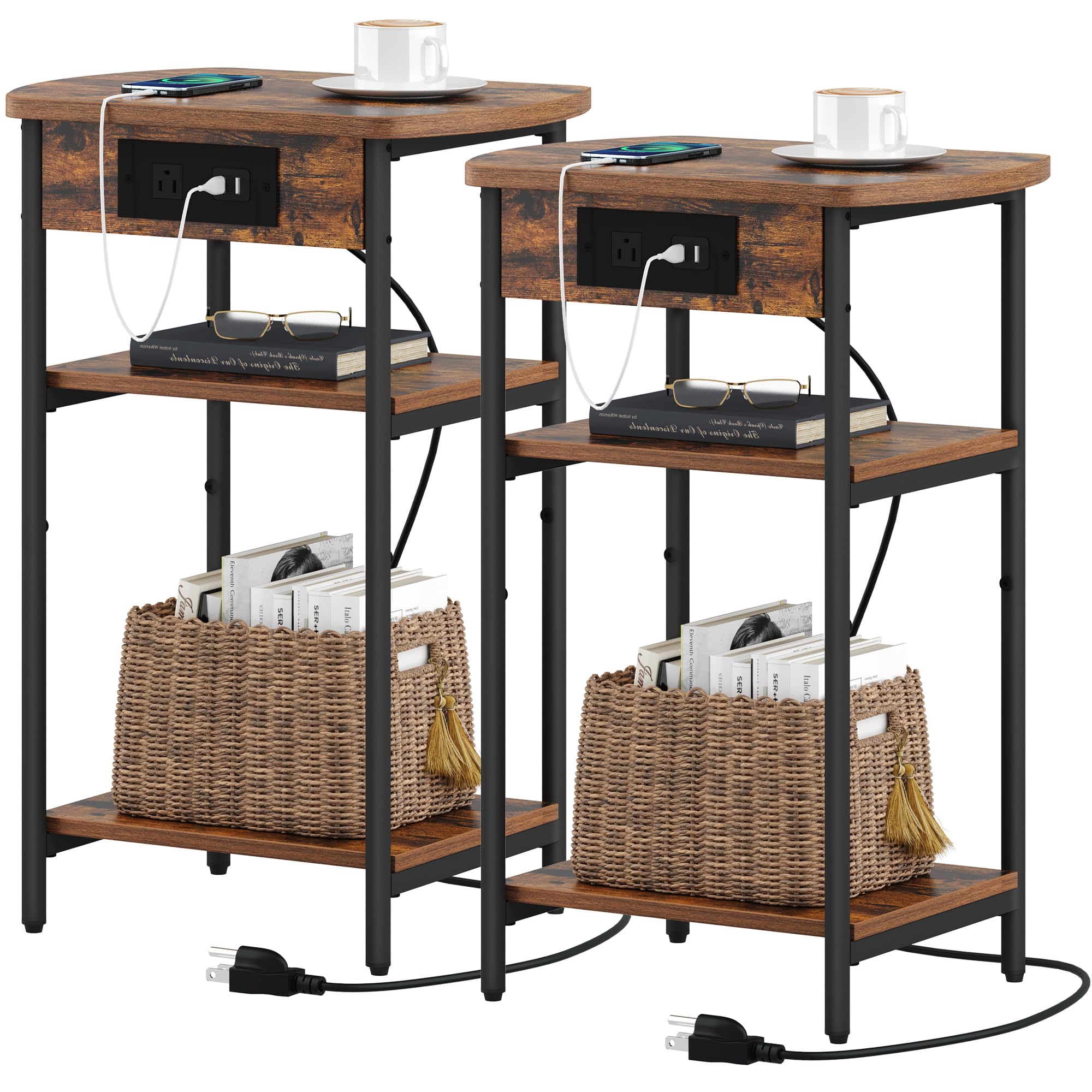 Modern Narrow End Tables with Charging Station - Set of 2 USB & Outlet Nightstands, Rustic Brown and Black Side Tables for Living Room & Bedroom - Perfect for Small Spaces, Phone Charging and Extra Storage ET15201B