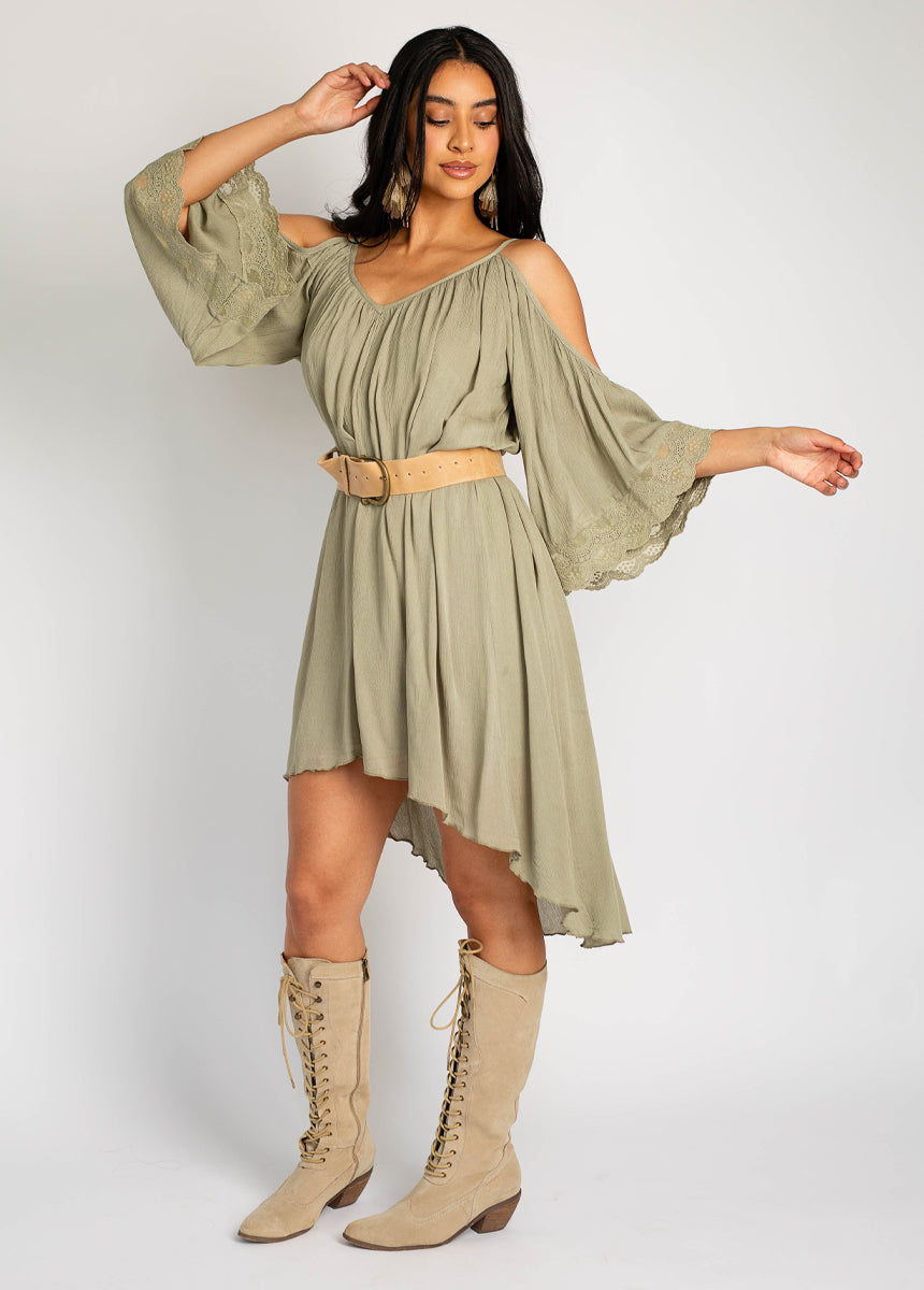 Elegant Dela Dress in Greensmoke - Women's Flowy Midi Dress for Casual Wear, Date Night & Special Occasions