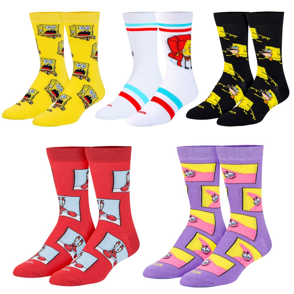 SpongeBob Cartoon Socks for Men - 5 Pairs Cool Novelty Socks Gift Set - Perfect for Birthday Gifts, Cosplay, and Casual Wear
