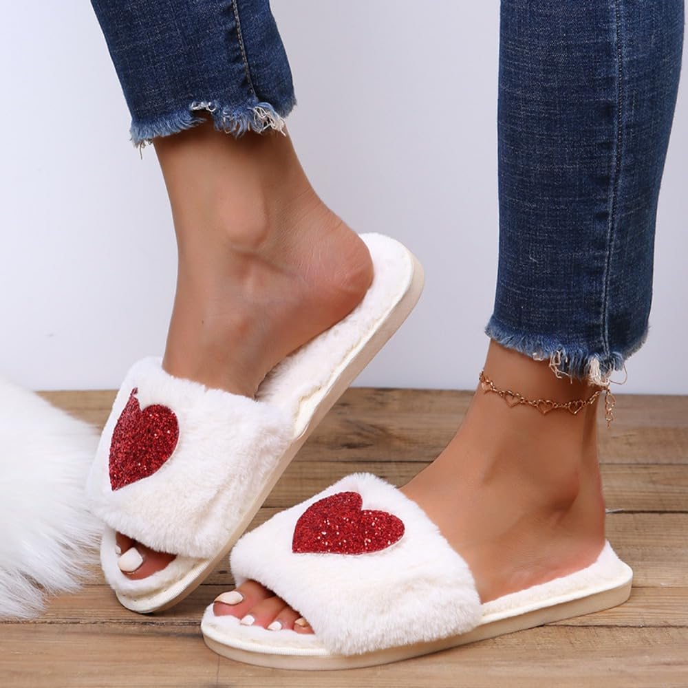 Women's Heart Fuzzy Slippers - Soft Fluffy Cozy House Slides with Open Toe for Indoor Comfort - Perfect for Brides, Lounging & Gift Giving