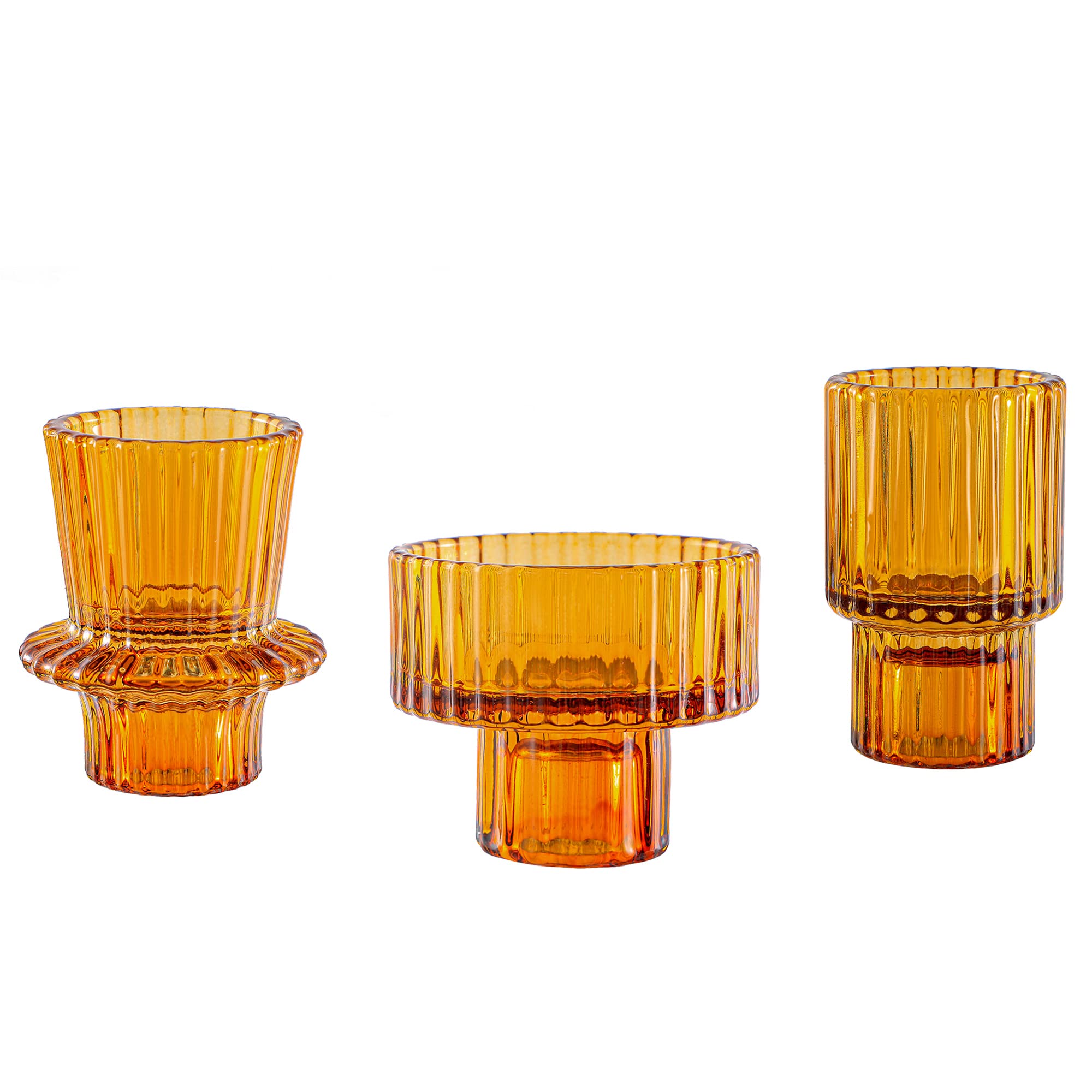 Lysenn Amber Glass Candle Holders Set of 3 - Multipurpose Candlestick Holders for Pillar, Taper & Tealight Candles (Fits 7/8