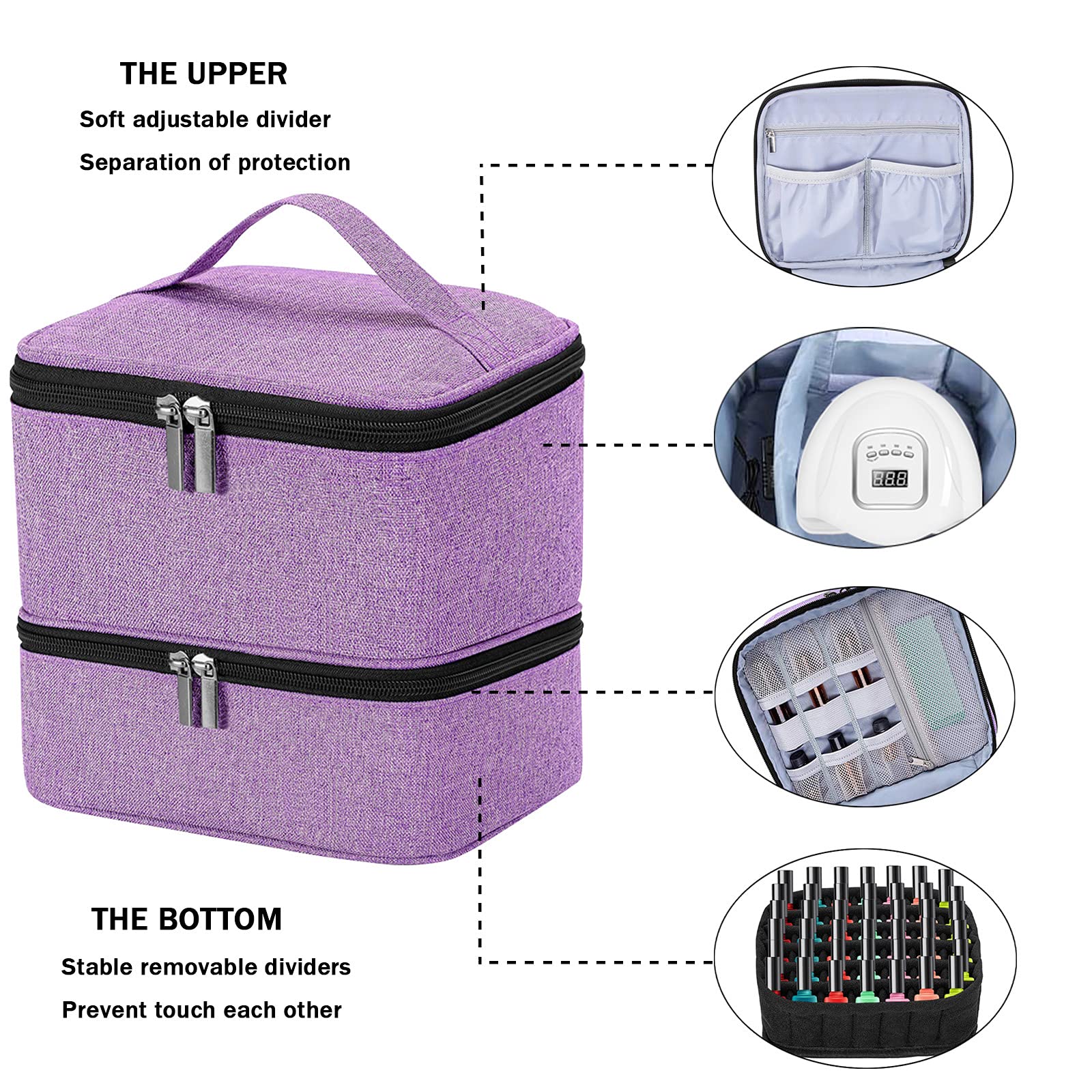 Large-Capacity Double-Layer Nail Polish Organizer Case - Holds 42 Bottles (15ml) & LED Nail Lamp - Adjustable Anti-Vibration Divider - Perfect for Travel, Salon & Home Storage (Purple)