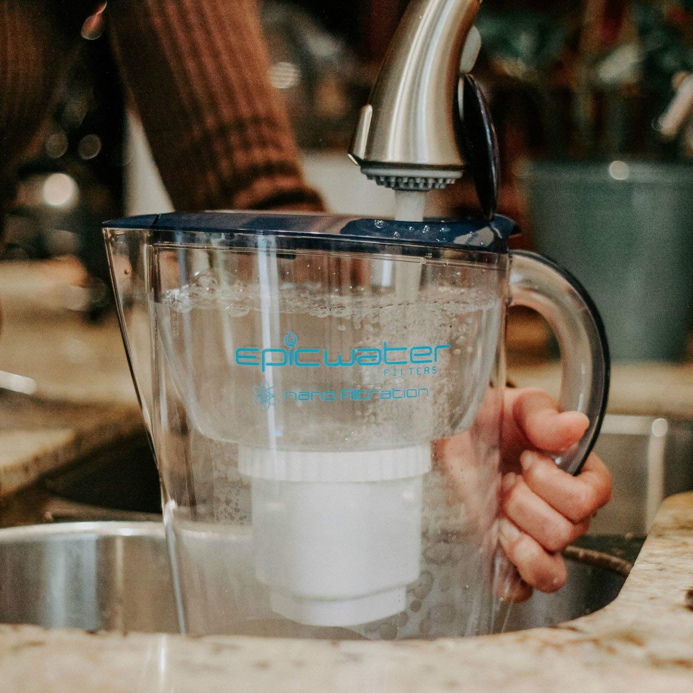Epic Water Filters Nano 10-Cup Water Filter Pitcher | 150 Gallon Capacity | Removes Viruses, Bacteria, Chlorine & Impurities | Navy Blue Gravity Water Purifier for Home, Office & Emergency Preparedness