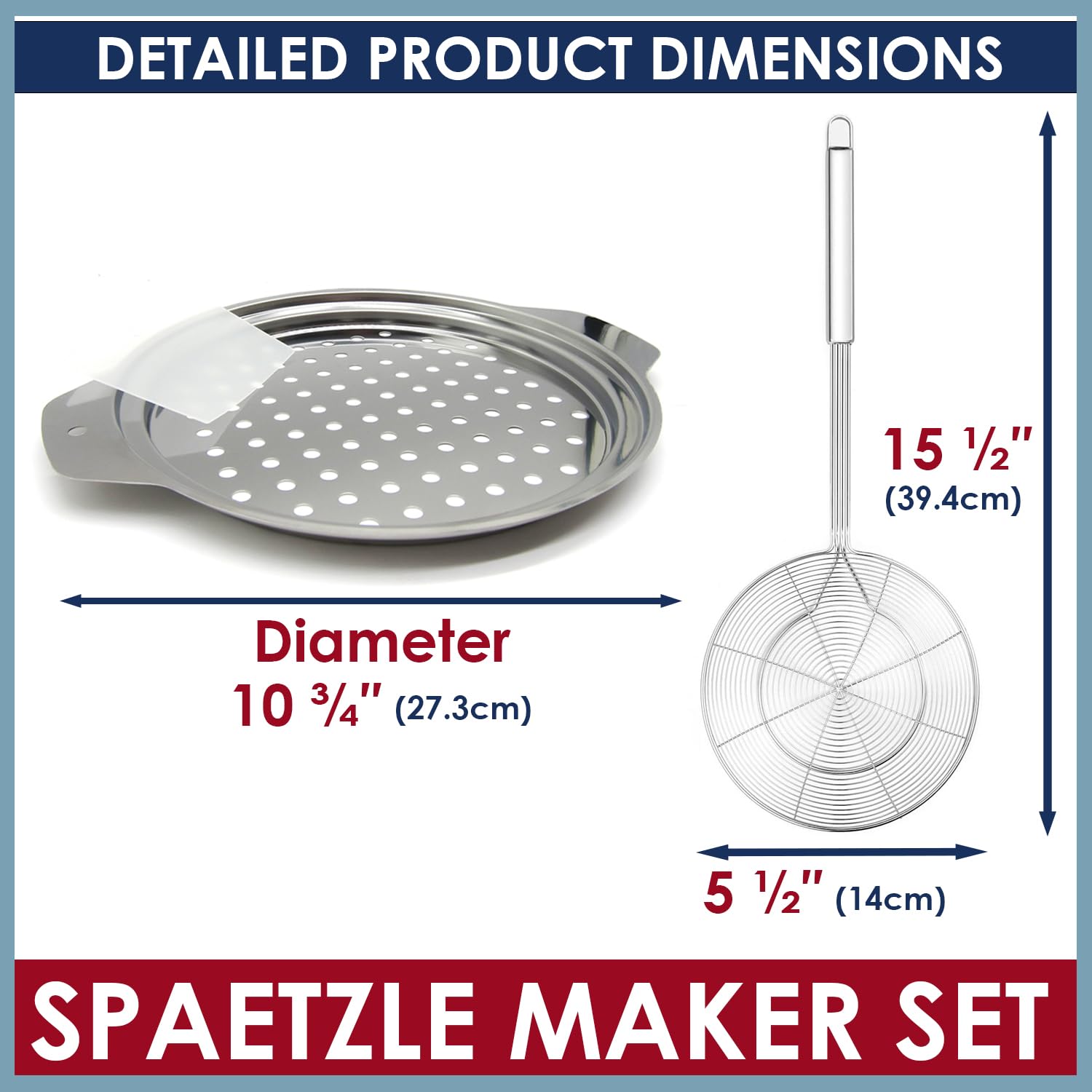 Premium Stainless Steel Spaetzle Maker with Scraper & Strainer Spoon - German Egg Noodle Maker Set for Pasta, Dumplings & Spaetzle - Perfect for Home Cooking, German Cuisine & Pasta Lovers