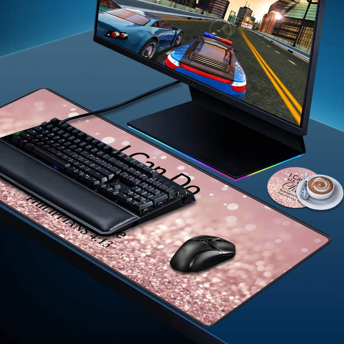XXL Gaming Mouse Pad 31.5x11.8 Inches - Non-Slip Desk Mat with Stitched Edges & Built-in Coasters for PC, Laptop, Office & Home Use - Perfect for Work, Gaming & Bible Study (Philippians 4:13 Inspired)