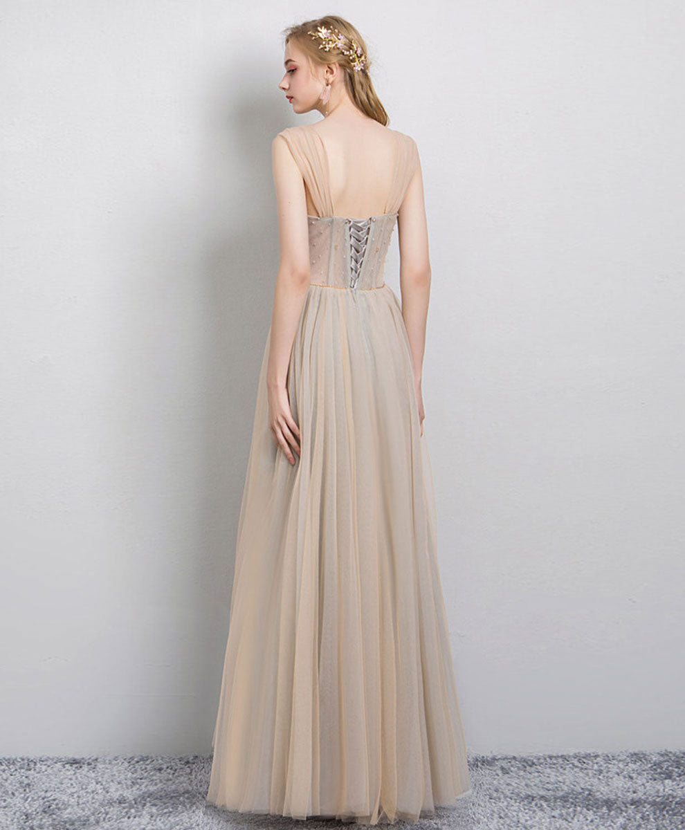 Elegant Champagne Tulle Long Prom Dress & Evening Gown - Perfect for Formal Dances, Weddings & Special Occasions