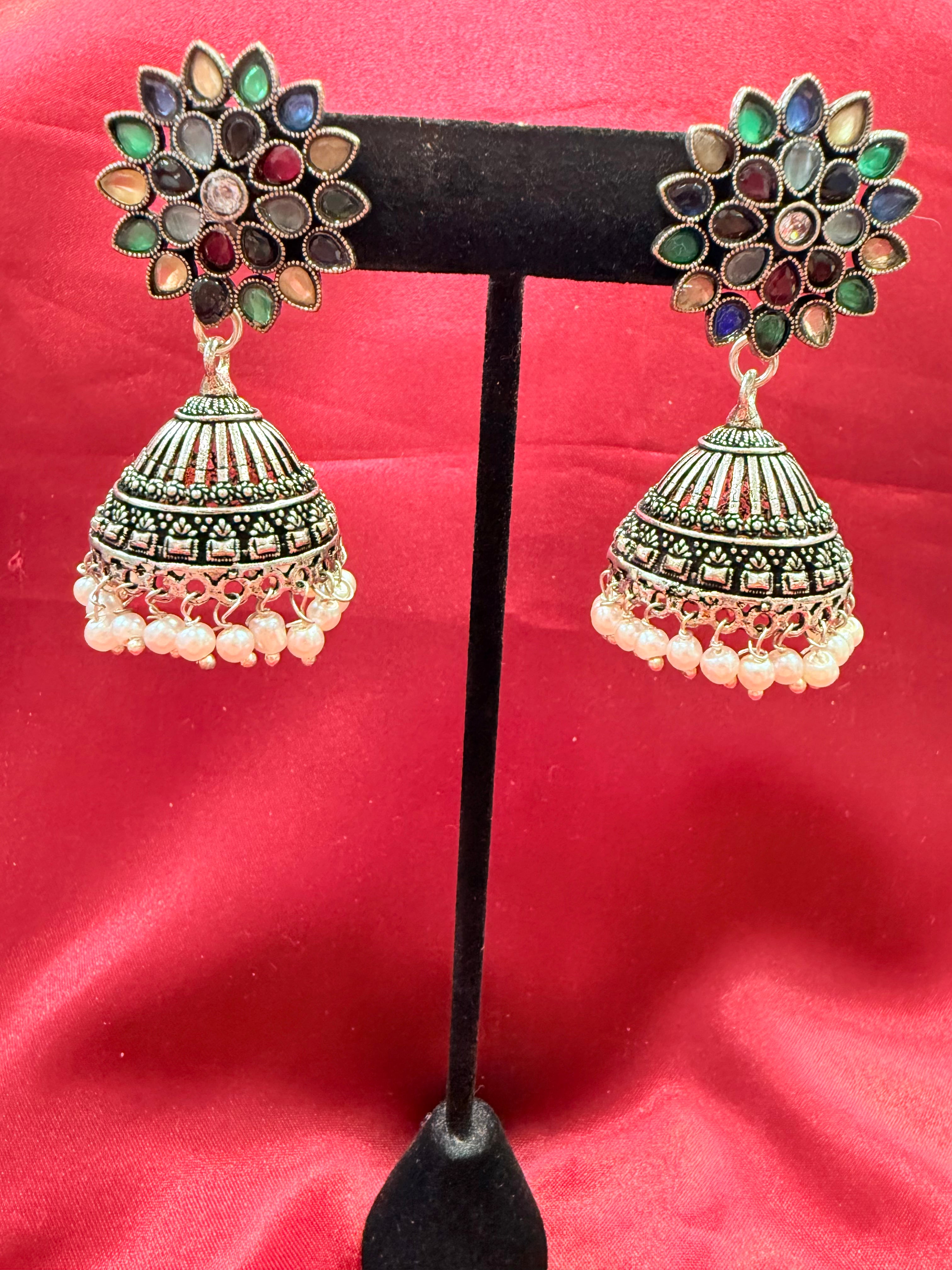 Exquisite Multicolor Pearl Drop Earrings for Women - Oxidized Silver Dangle Earrings - Perfect for Weddings, Parties & Special Occasions