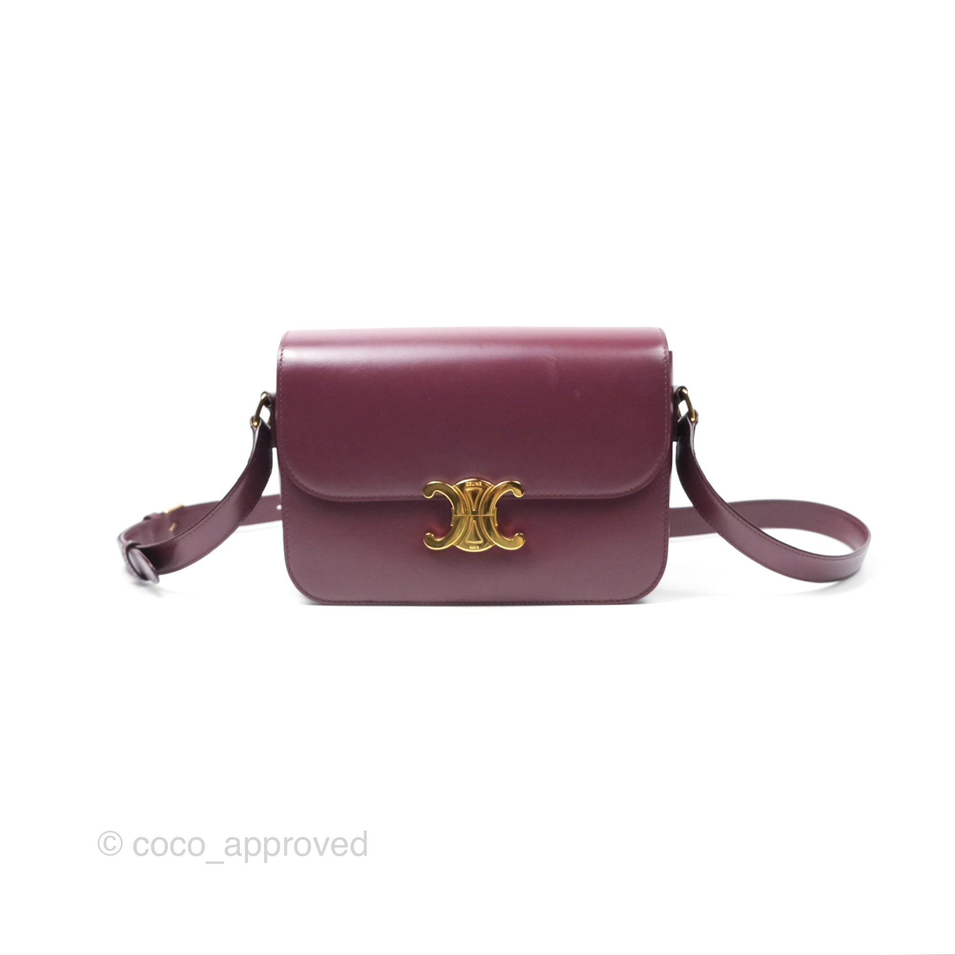 Celine Medium Triomphe Bag in Acai Burgundy Shiny Calfskin Leather - Luxury Crossbody Purse for Women, Perfect for Work, Travel & Evening Events