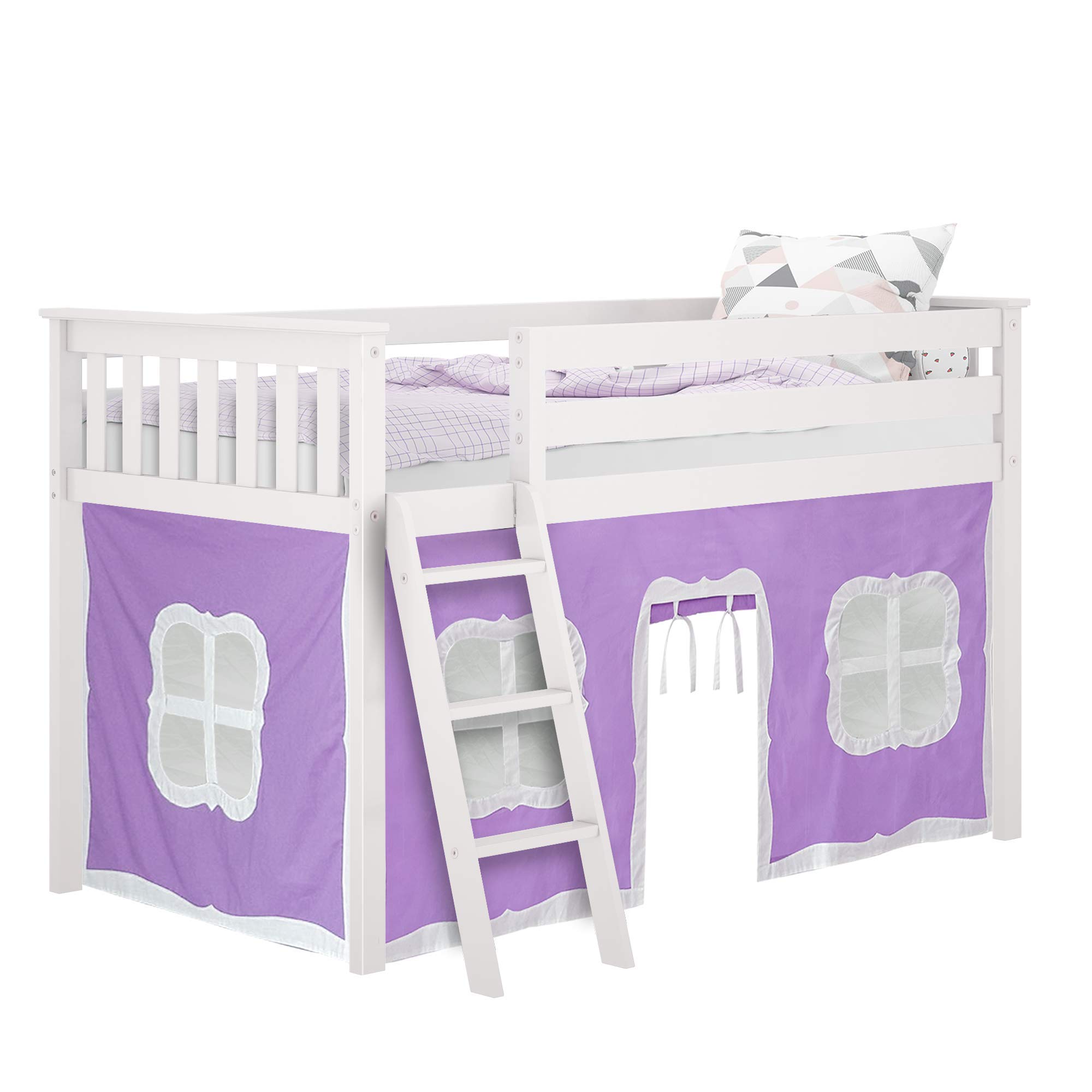 Max & Lily Underbed Curtain for Low Bunk Bed & Loft Bed - Kids Play Tent & Privacy Curtain for Bottom Bunk - 2-Panel Cotton Set in Purple/White - Perfect for Bedrooms, Playrooms & Sleepovers